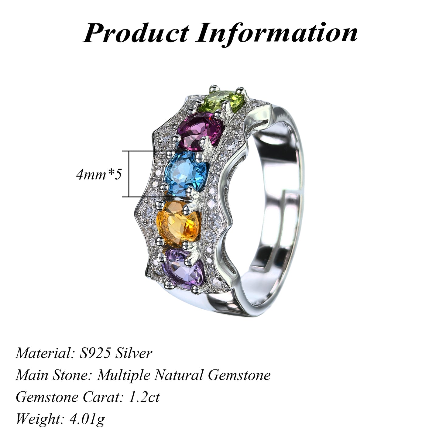 Charming Rhodium Plated 925 Silver Jewelry Multiple Natural Gemstone Ring
