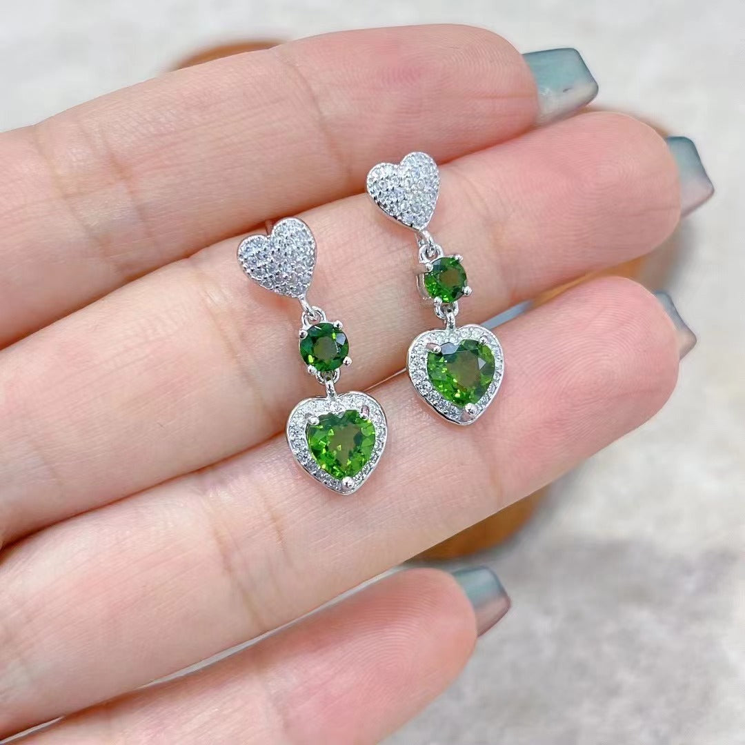 Wholesale Rhodium Plated 925 Sterling Silver Natural Olivine Green Gemstone Heart Stud Earrings