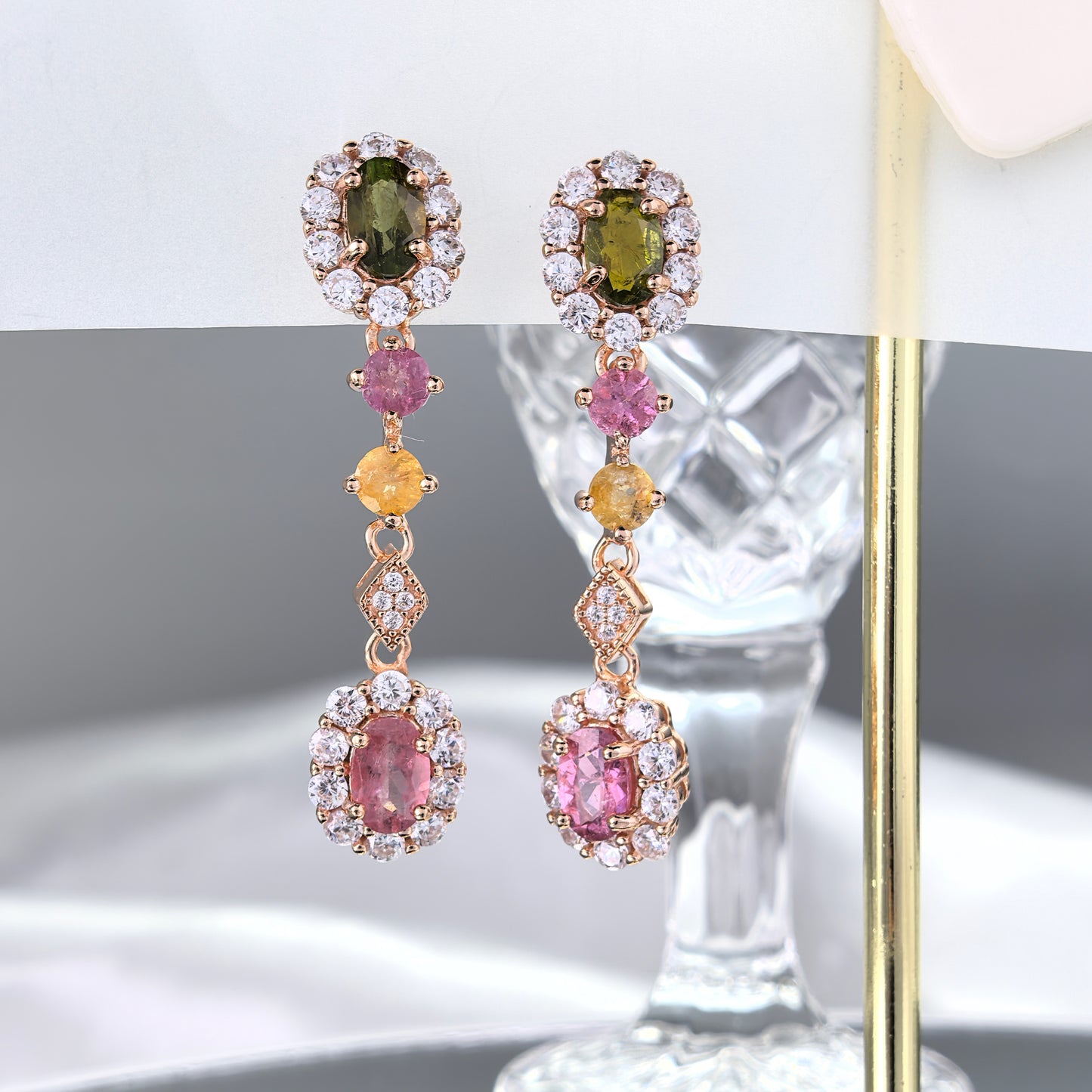 Gorgeous Rose Gold Plated 925 Sterling Silver Natural Tourmaline Drop Earrings