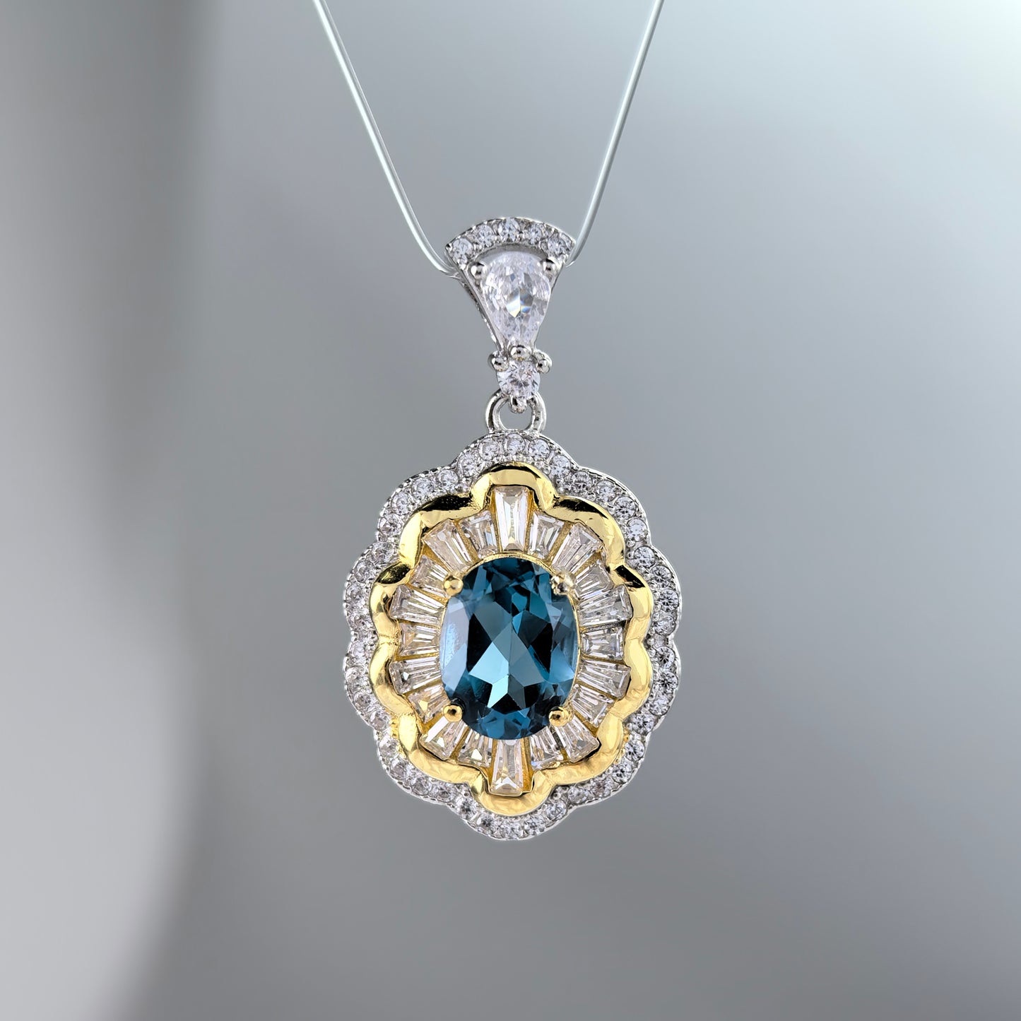 Graceful 925 Sterling Silver Natural London Blue Topaz Flower Pendant Dual Color Plated