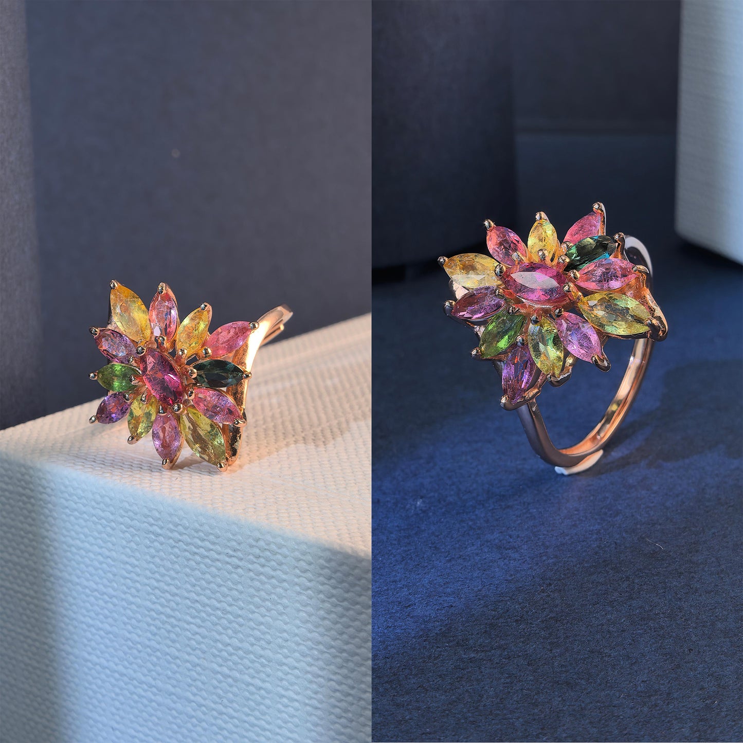 Gorgeous Rose Gold Plated Silver 925 Jewelry Natural Tourmaline/Pyrope Flower Ring