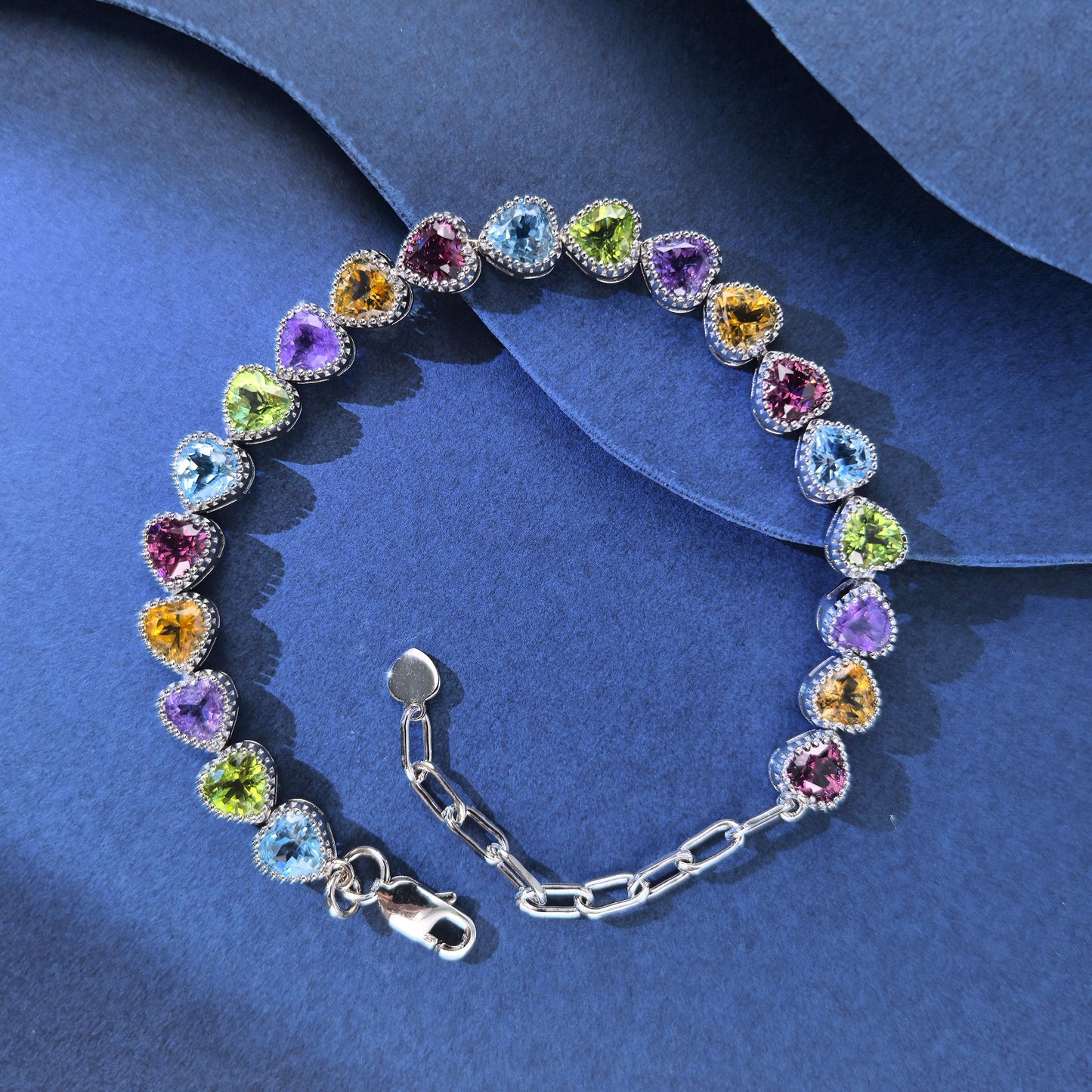 Delicate Rhodium Plated Silver 925 Jewelry Multiple Natural Gemstone Heart Bracelet