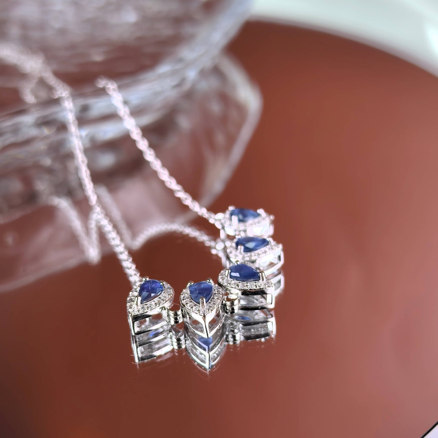 Delicate Rhodium Plated 925 Silver Jewelry Natural Sapphire Five Leaf Clover Necklace