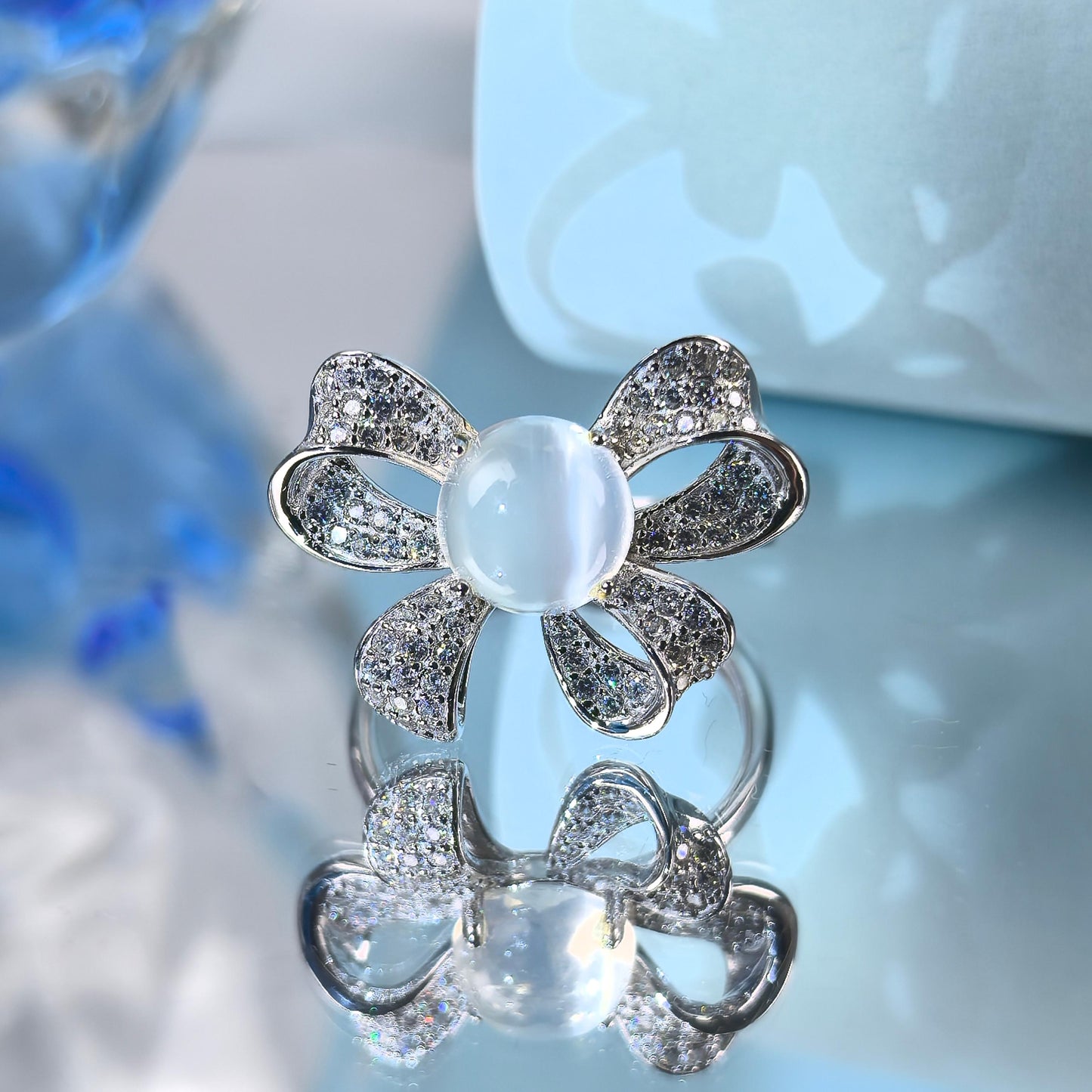 Romantic Rhodium Plated Silver 925 Jewelry Natural Moonstone Bow Ring