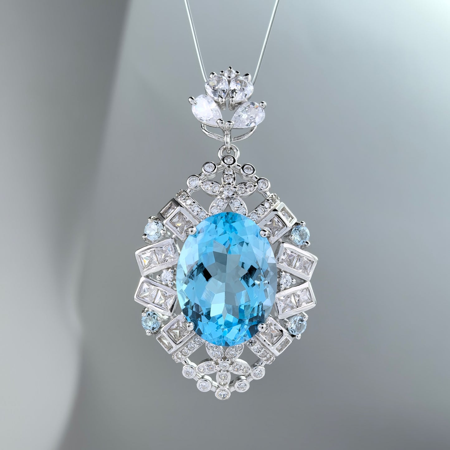 Unique Rhodium Plated 925 Sterling Silver Natural Sky Blue Topaz Pendant