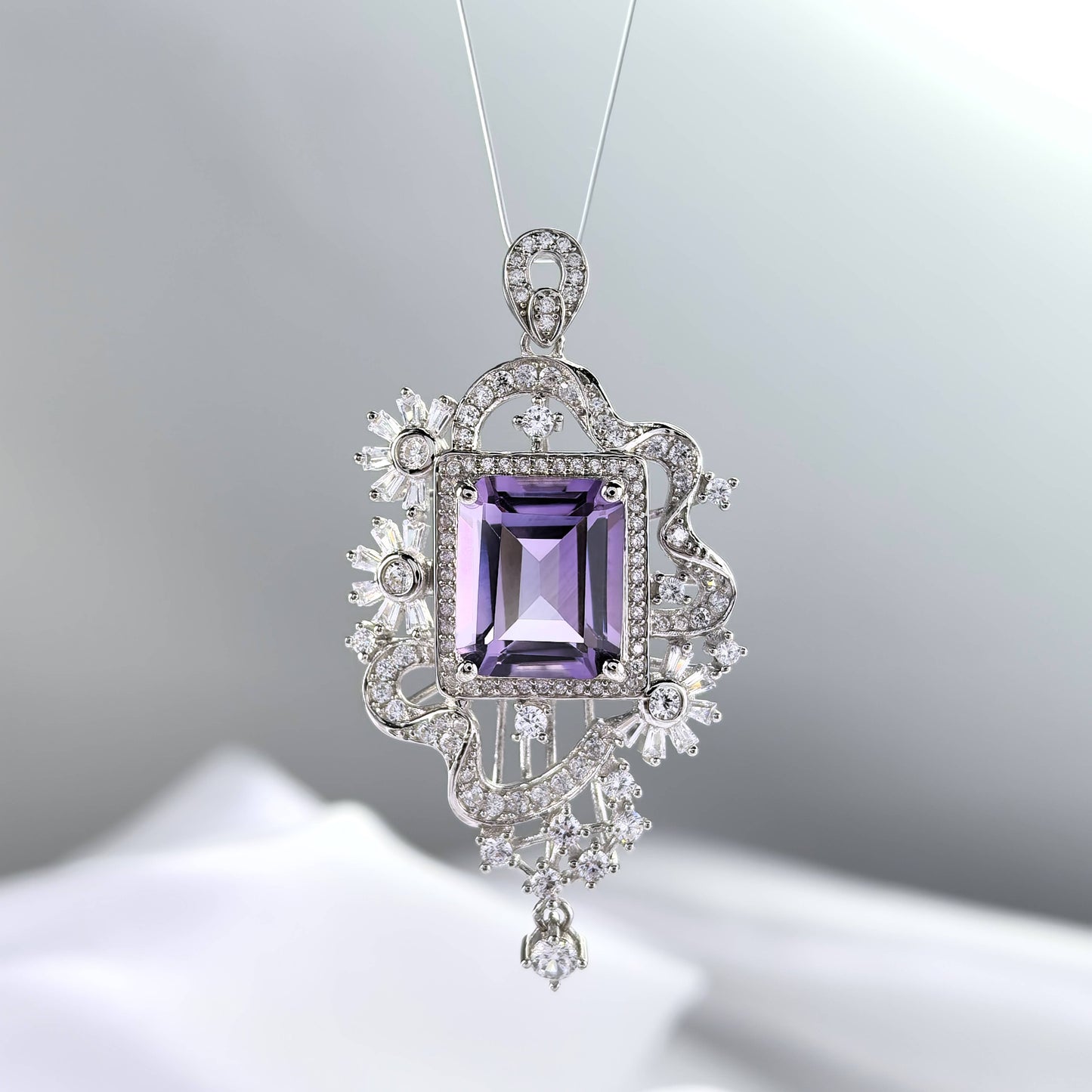 925 Sterling Silver Emerald Cut Natural Amethyst Pendant Delicate Rhodium Plated