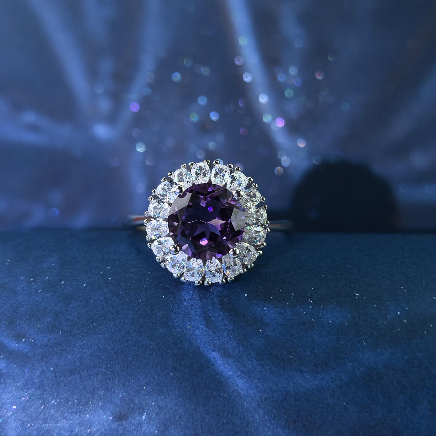 Sparkling Rhodium Plated 925 Silver Jewelry Natural Amethyst Flower Ring