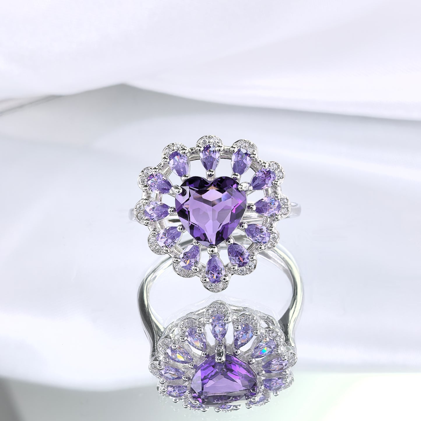 Elegant Rhodium Plated Plata 925 Jewelry Natural Amethyst Heart Ring