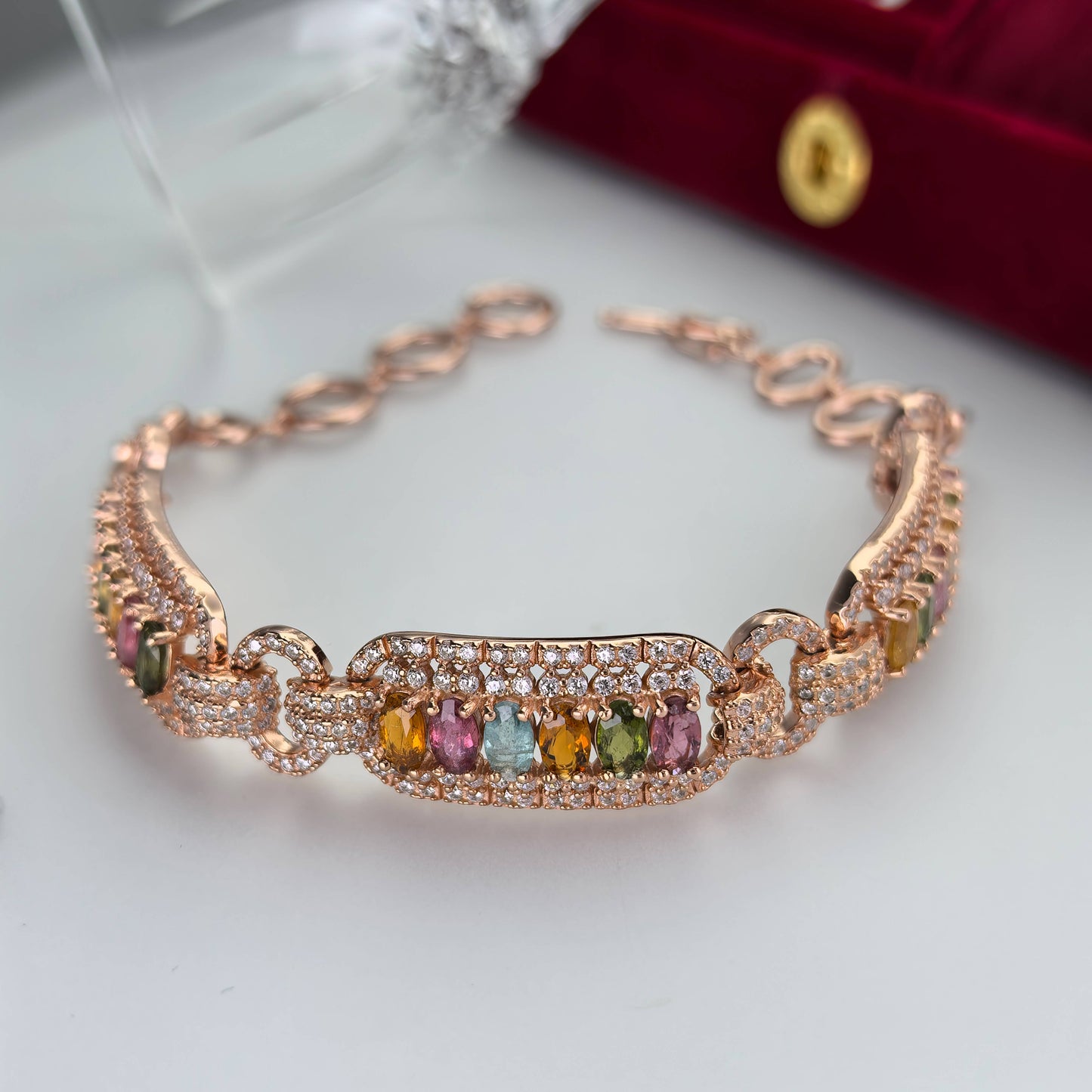 Precious Rose Gold Plated Silver 925 Jewelry Natural Tourmaline Bracelet