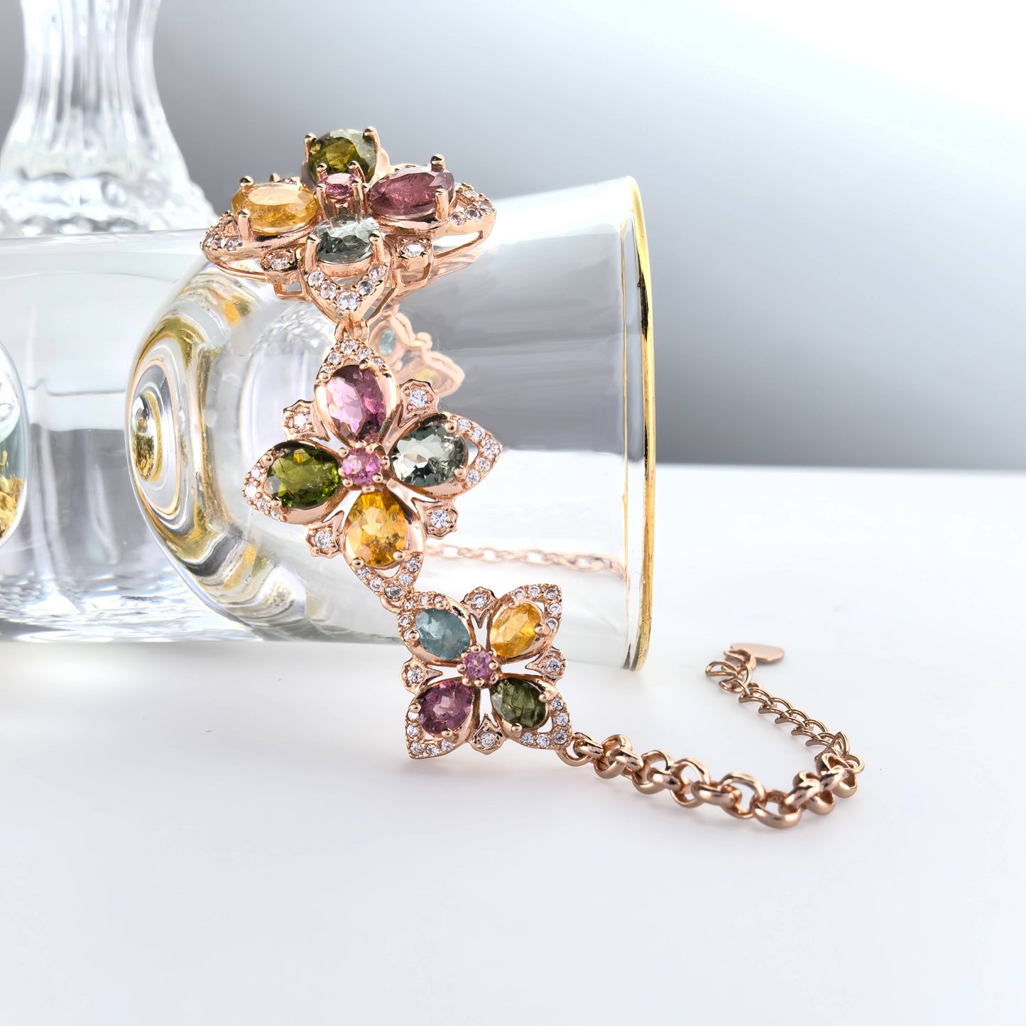 Delicate Rose Gold Plated 925 Sterling Silver Natural Tourmaline Clover Bracelet