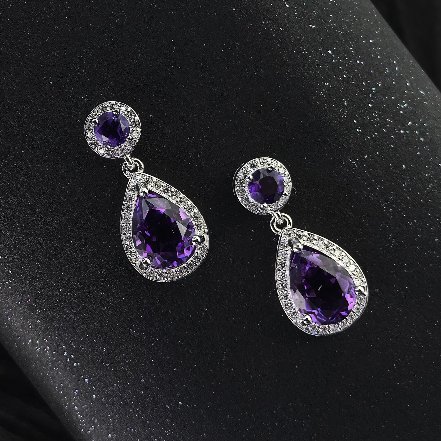 Precious Rhodium Plated 925 Silver Jewelry Natural Amethyst Drop Earrings