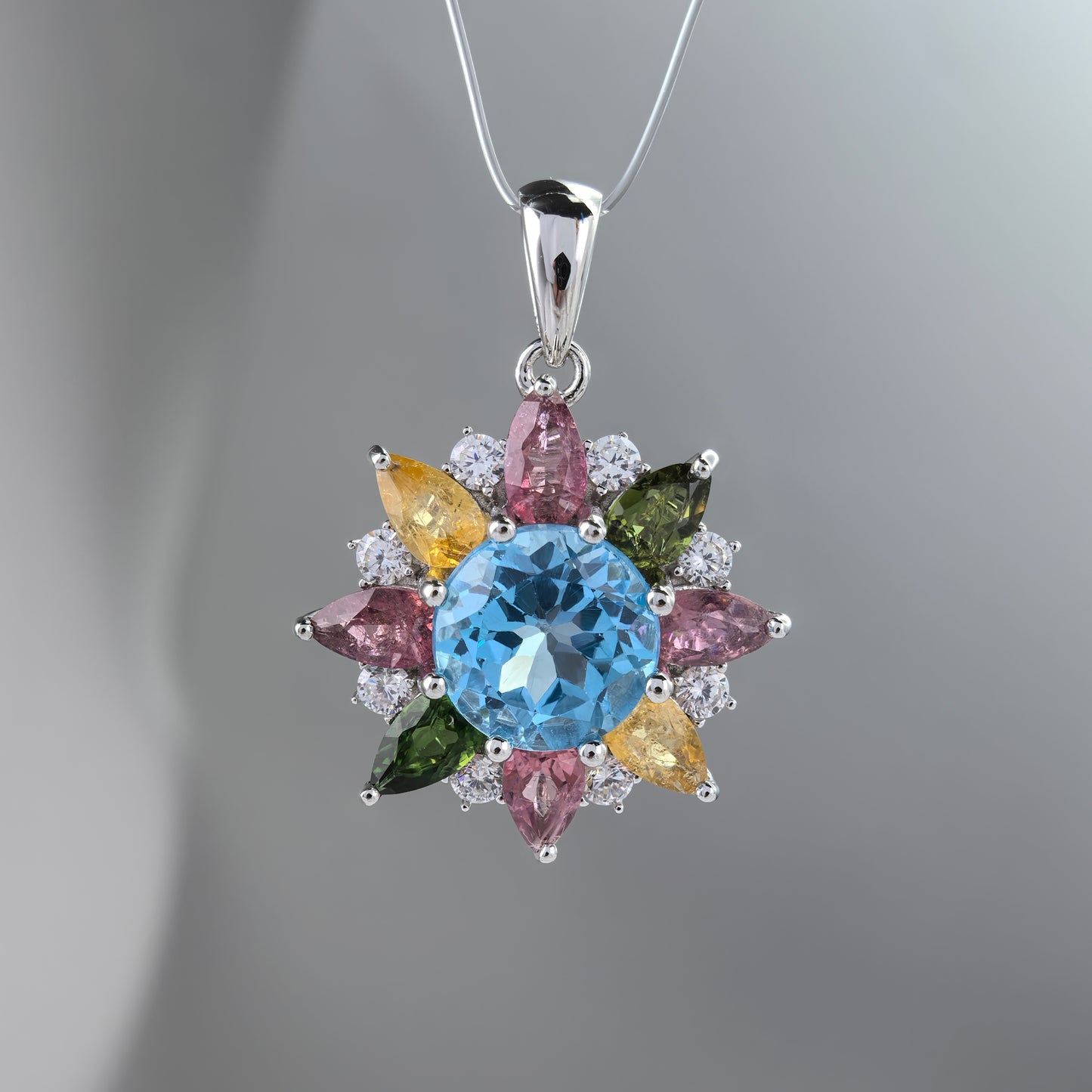 Graceful Rhodium Plated 925 Sterling Silver Natural Swiss Blue Topaz Flower Pendant