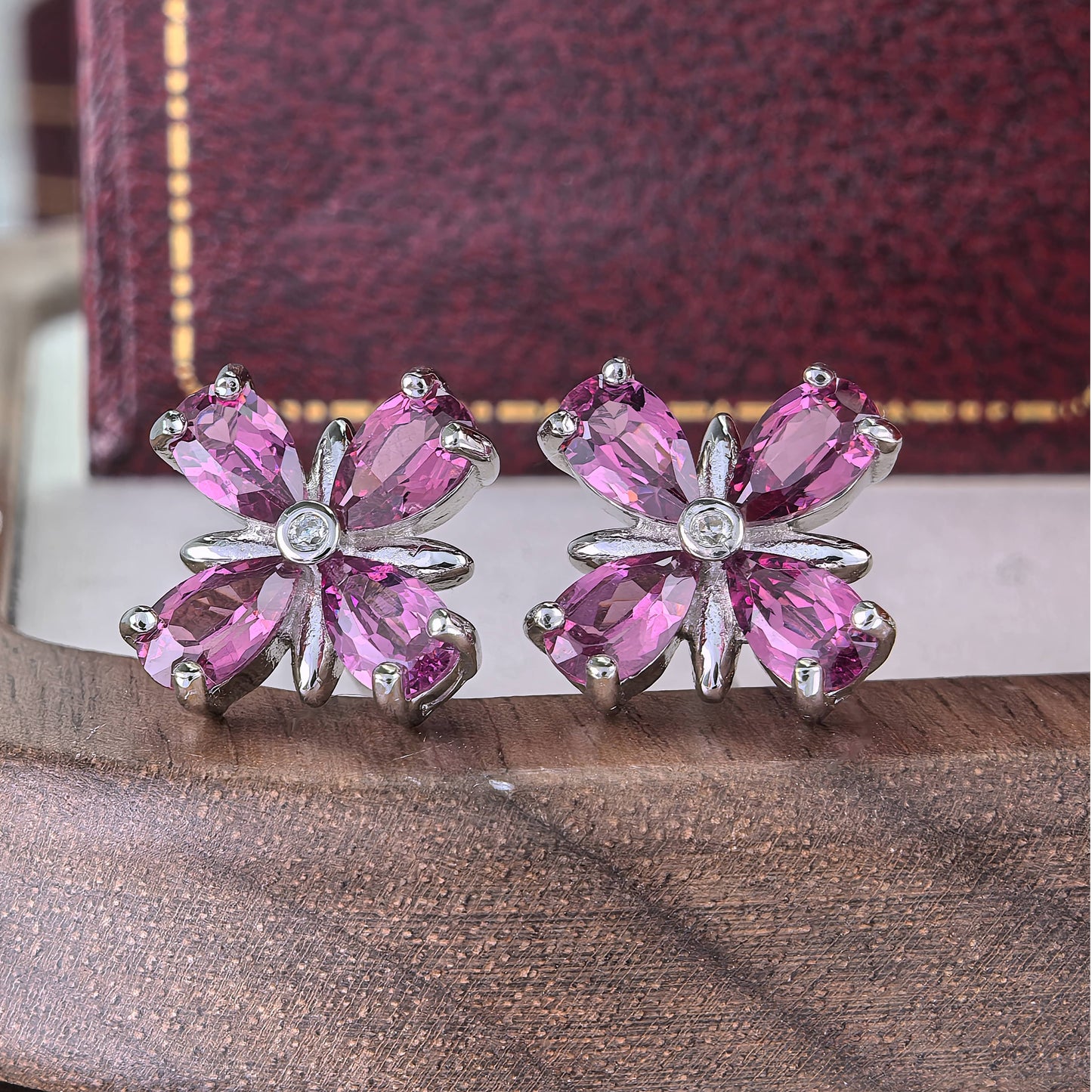 Exquisite Rhodium Plated 925 Silver Natural Pyrope Four Leaf Clover Stud Earrings