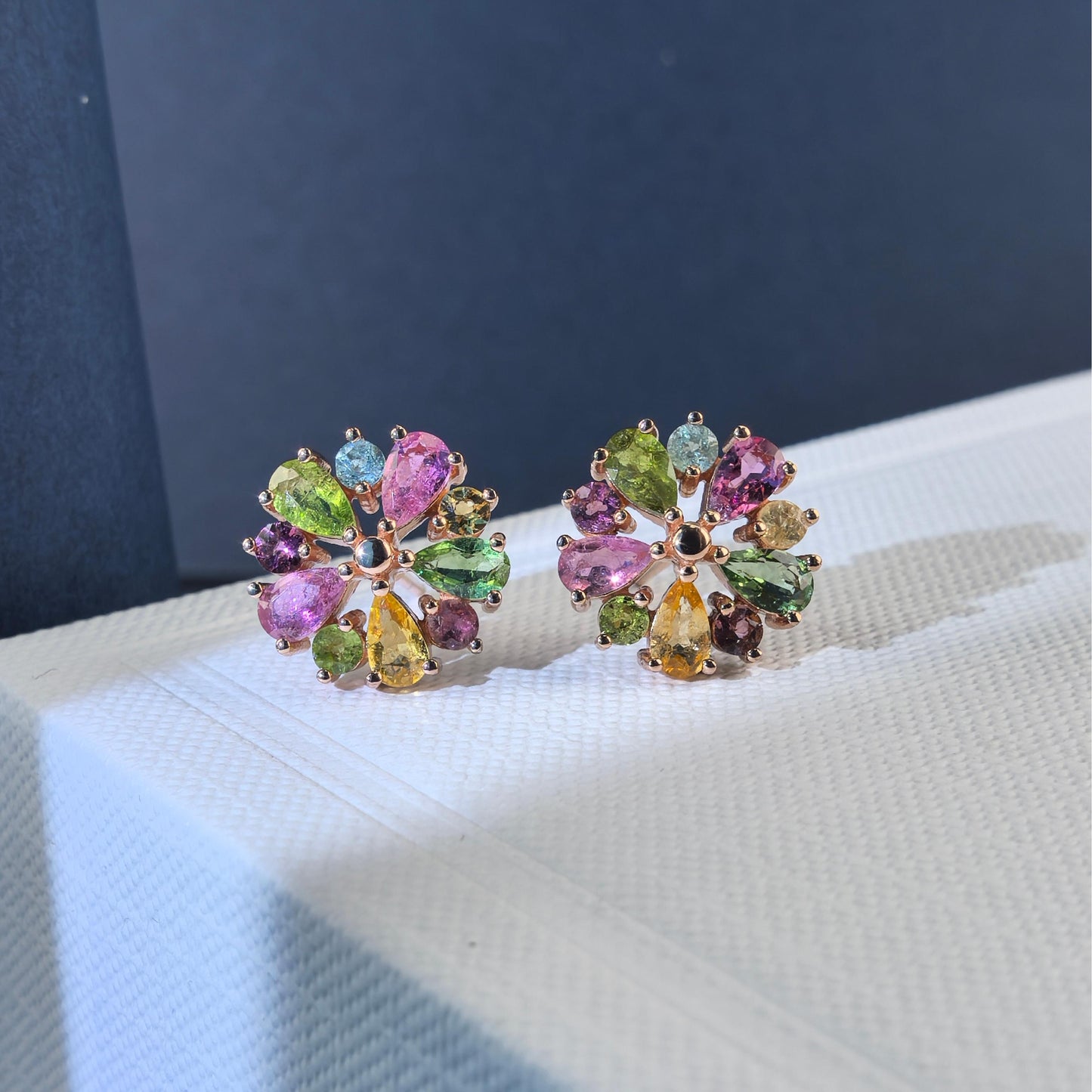 Rose Gold Plated 925 Silver Natural Tourmaline Flower Stud Earrings