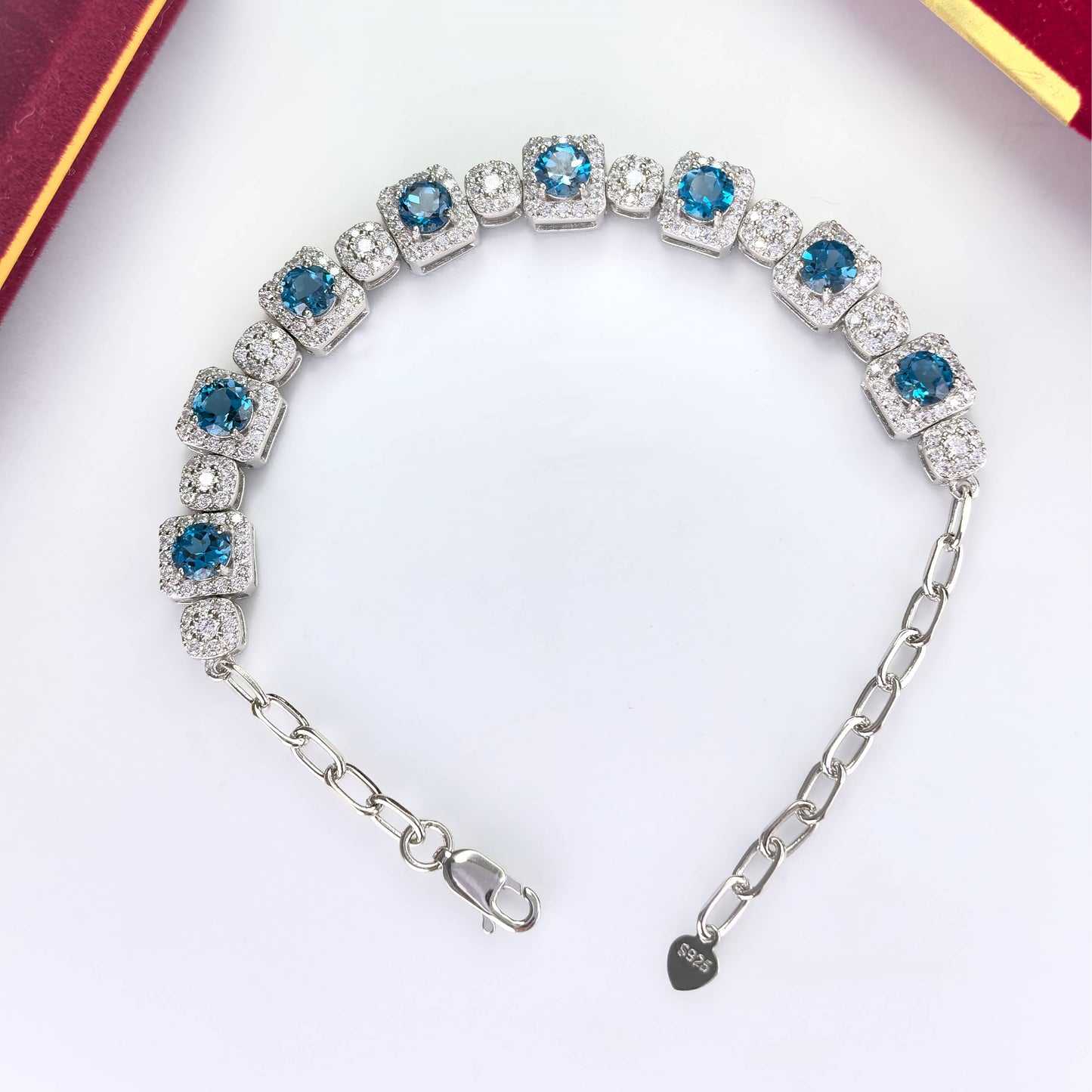 Noble Rhodium Plated 925 Silver Jewelry Natural London Blue Topaz Bracelet