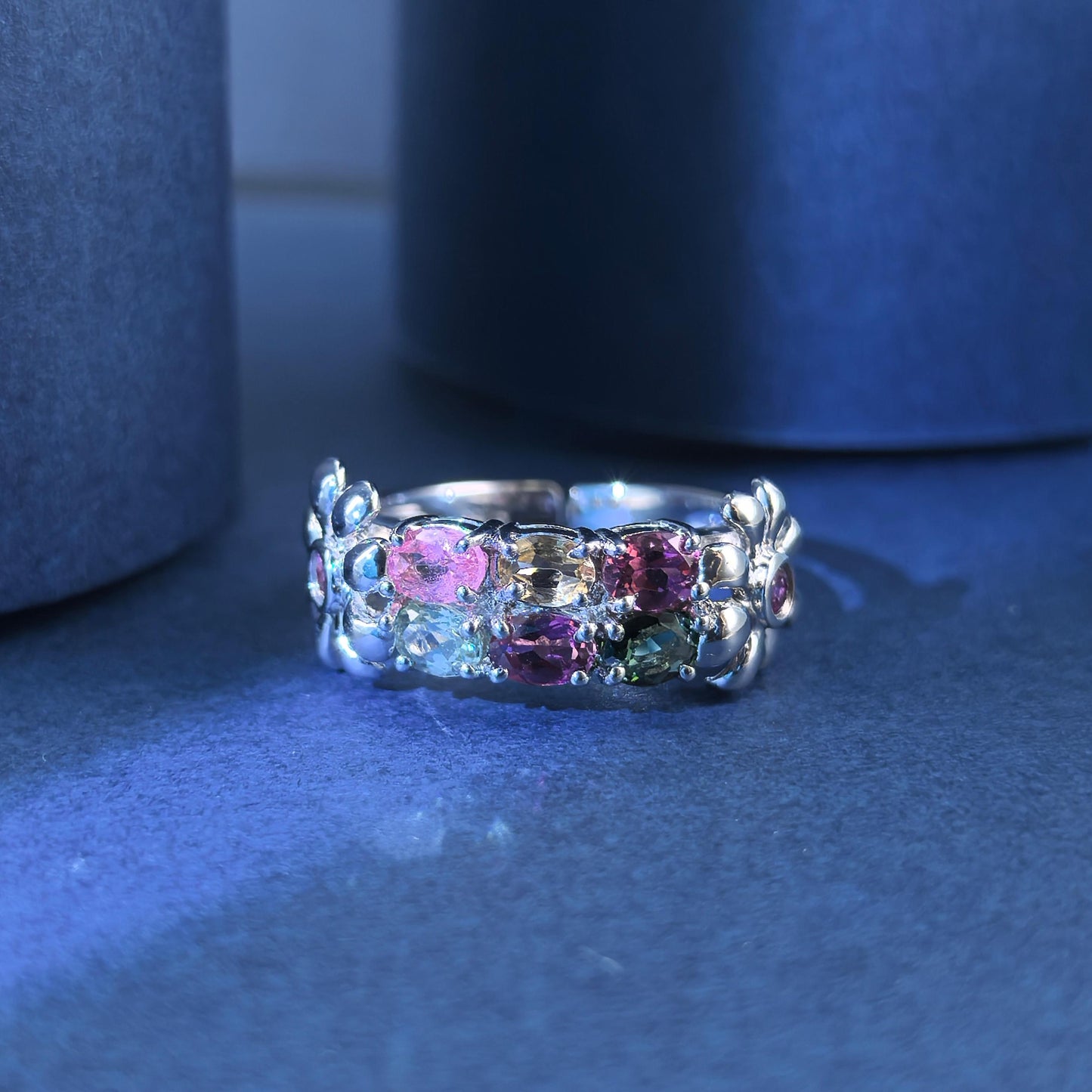 Graceful Women's Rhodium Plated Silver 925 Natural Tourmaline Flower Ring