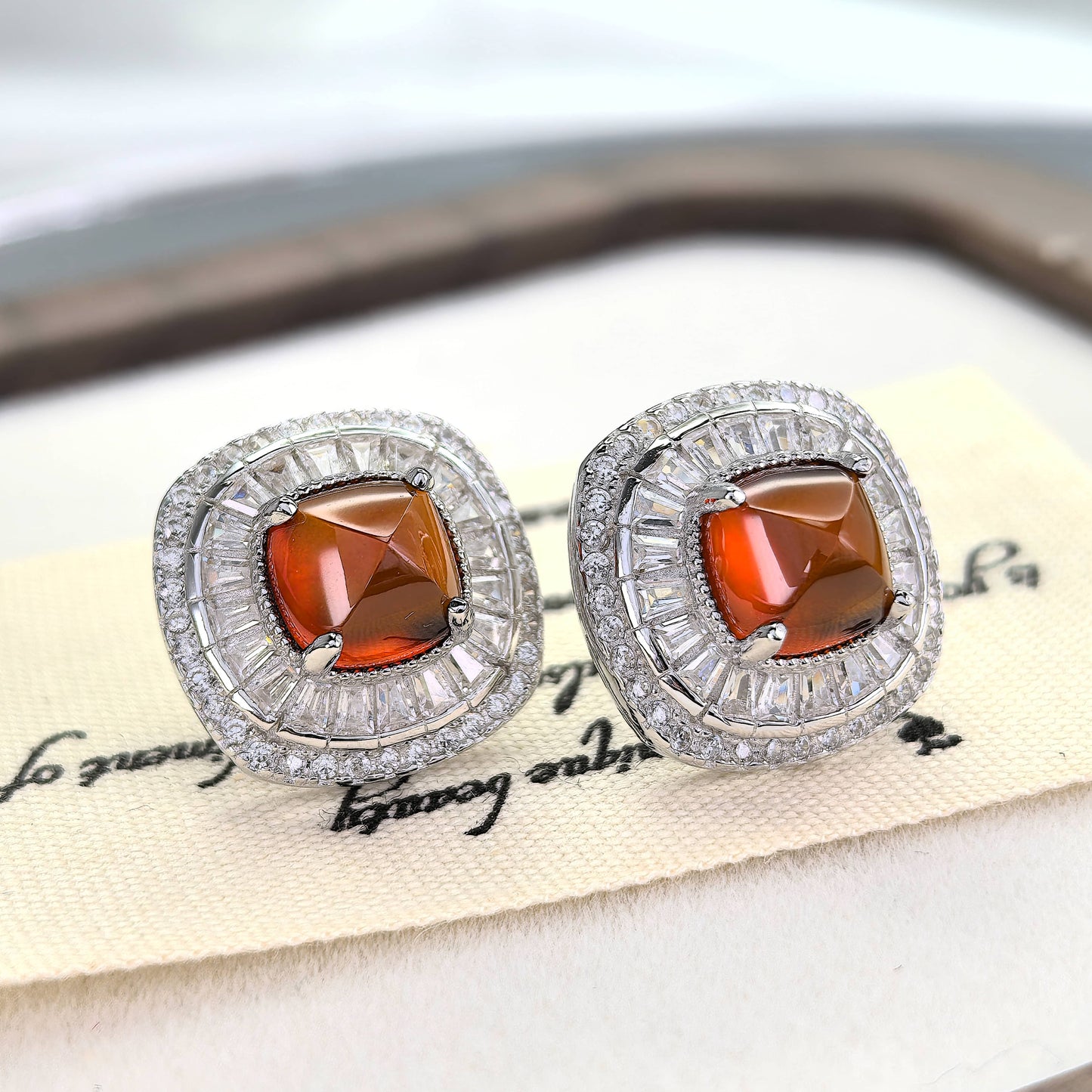925 Sterling Silver Natural Mandarin Garnet Stud Earrings Charming Rhodium Plated