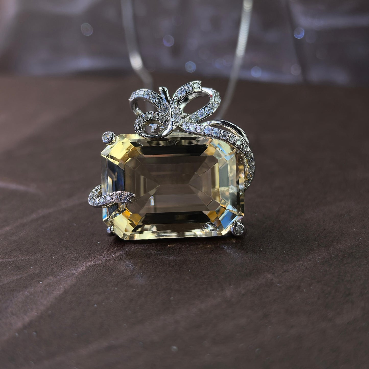 Noble Rhodium Plated 925 Silver Jewelry Natural Citrine Bow Pendant