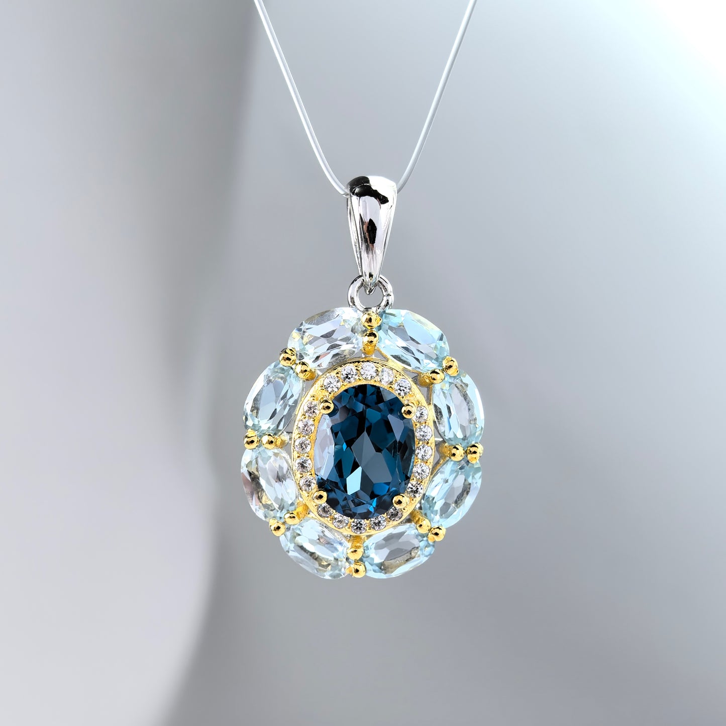 Classic Dual Color Plated 925 Sterling Silver Natural London Blue Topaz Pendant