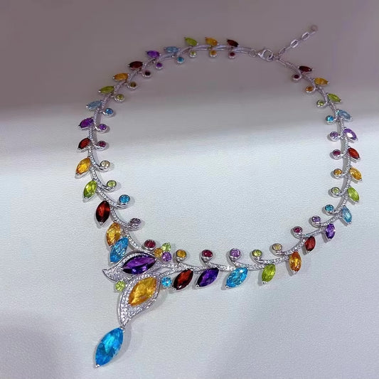 Luxurious Rhodium Plated Silver 925 Multiple Natural Gemstone Leaf Necklace