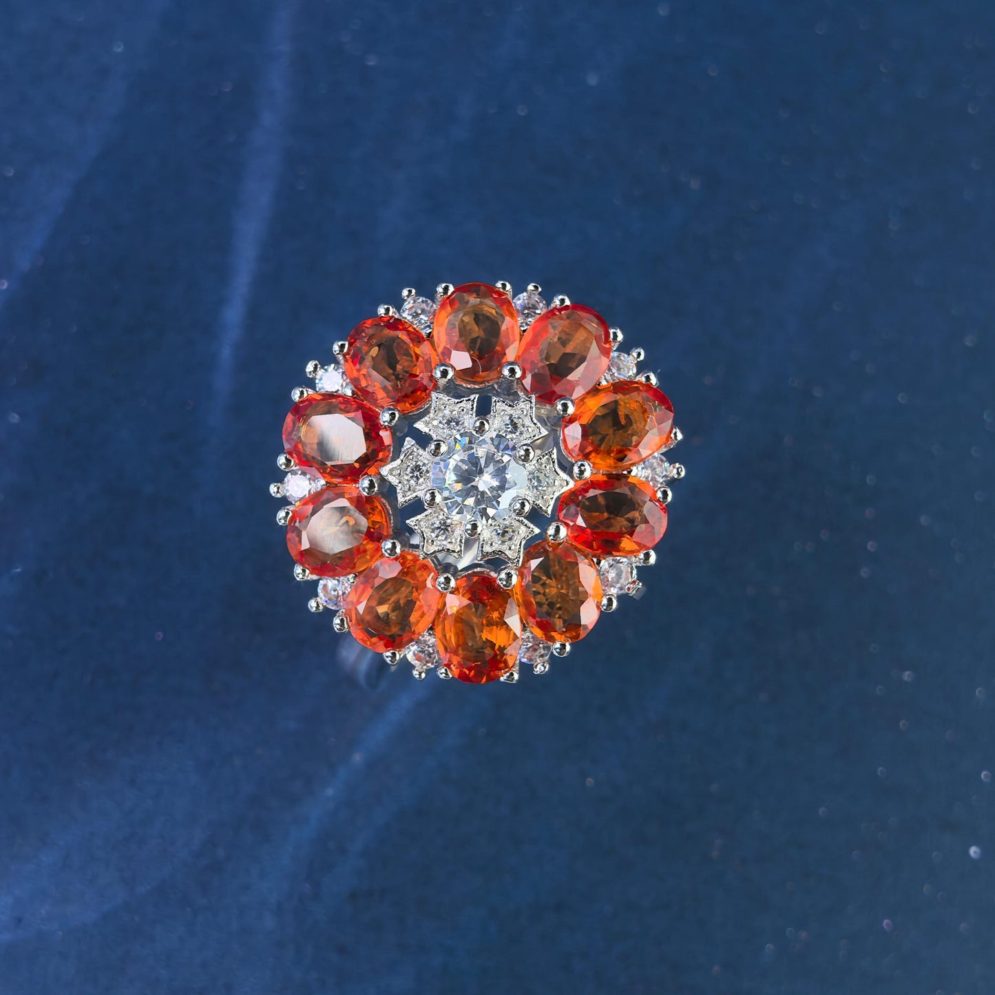 Luxurious Rhodium Plated Silver 925 Jewelry Natural Mandarin Sapphire Flower Ring