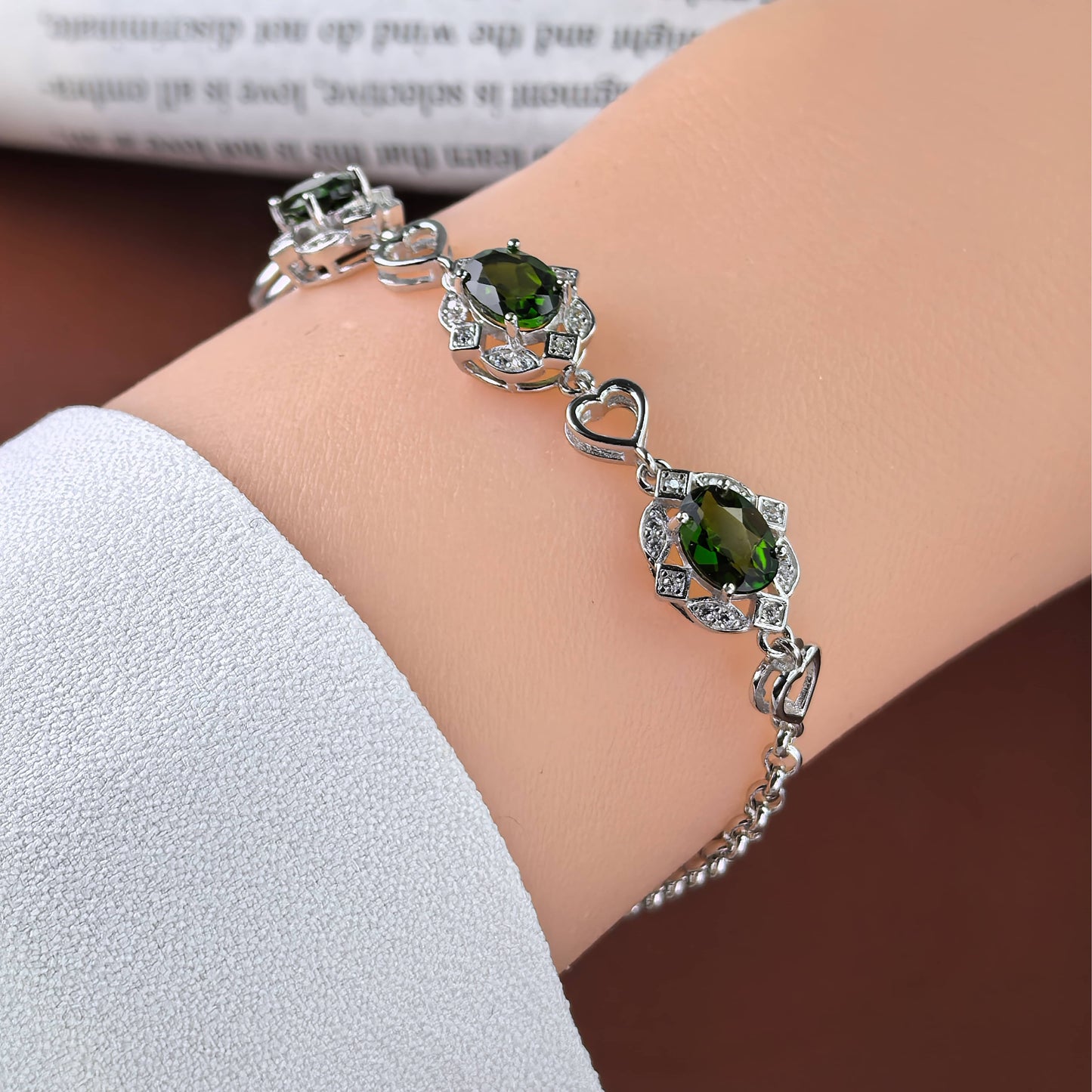 Elegant Rhodium Plated 925 Silver Natural Diopside Bracelet