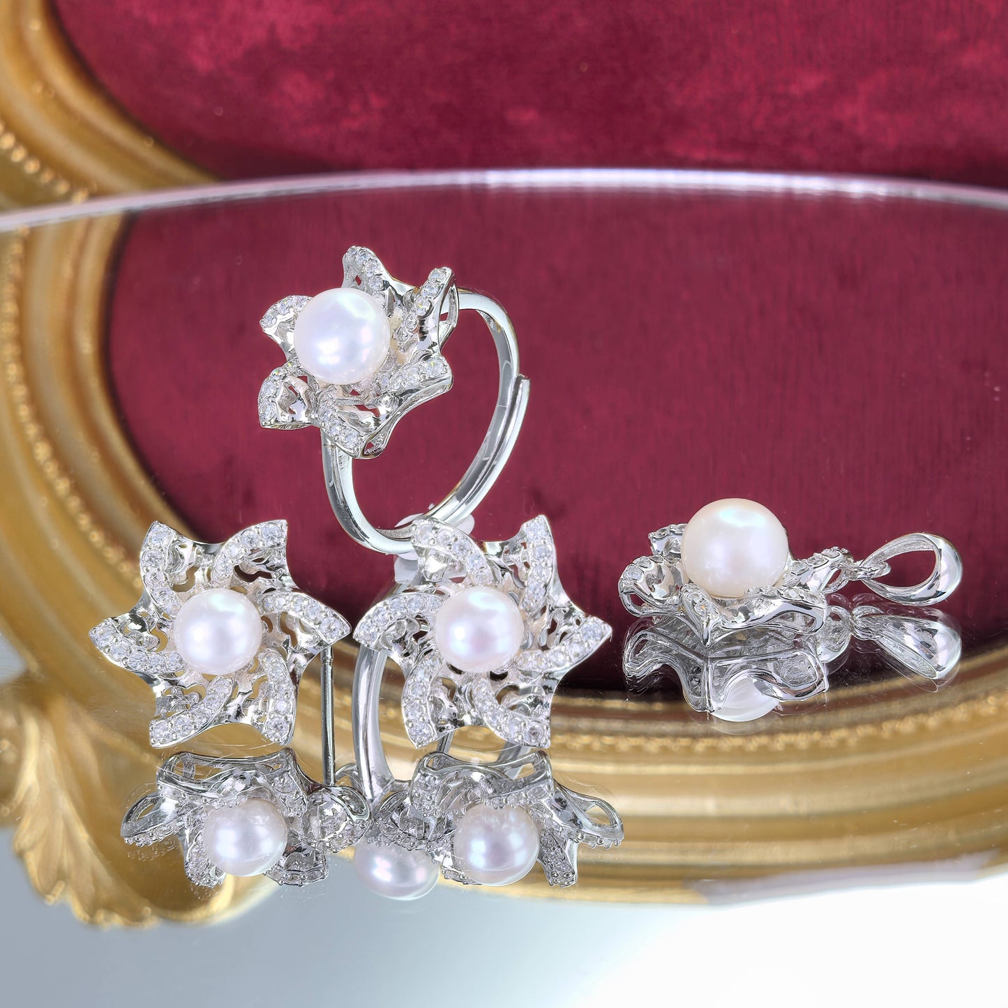 925 Sterling Silver Freshwater Pearl Hexagram Jewelry Set Rhodium Plated