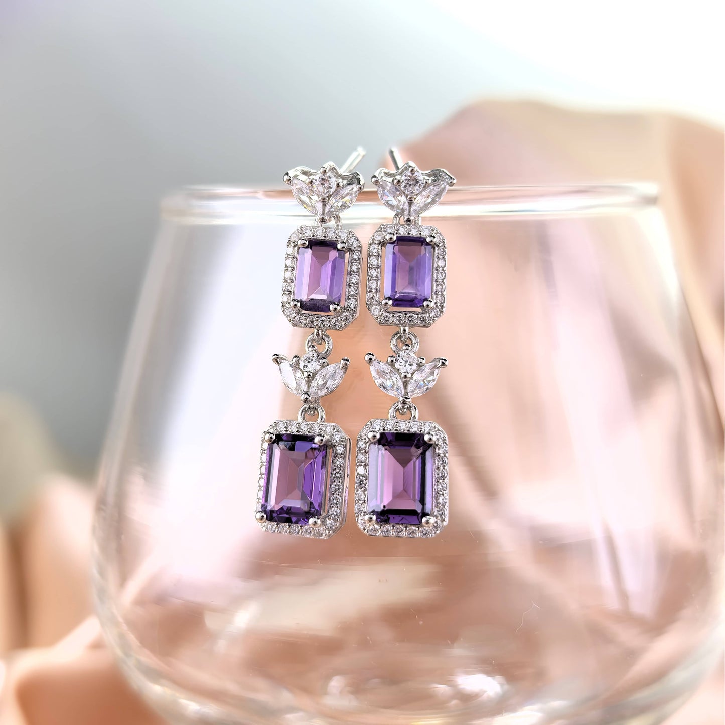 Graceful Rhodium Plated S925 Silver Jewelry Natural Amethyst Drop Earrings
