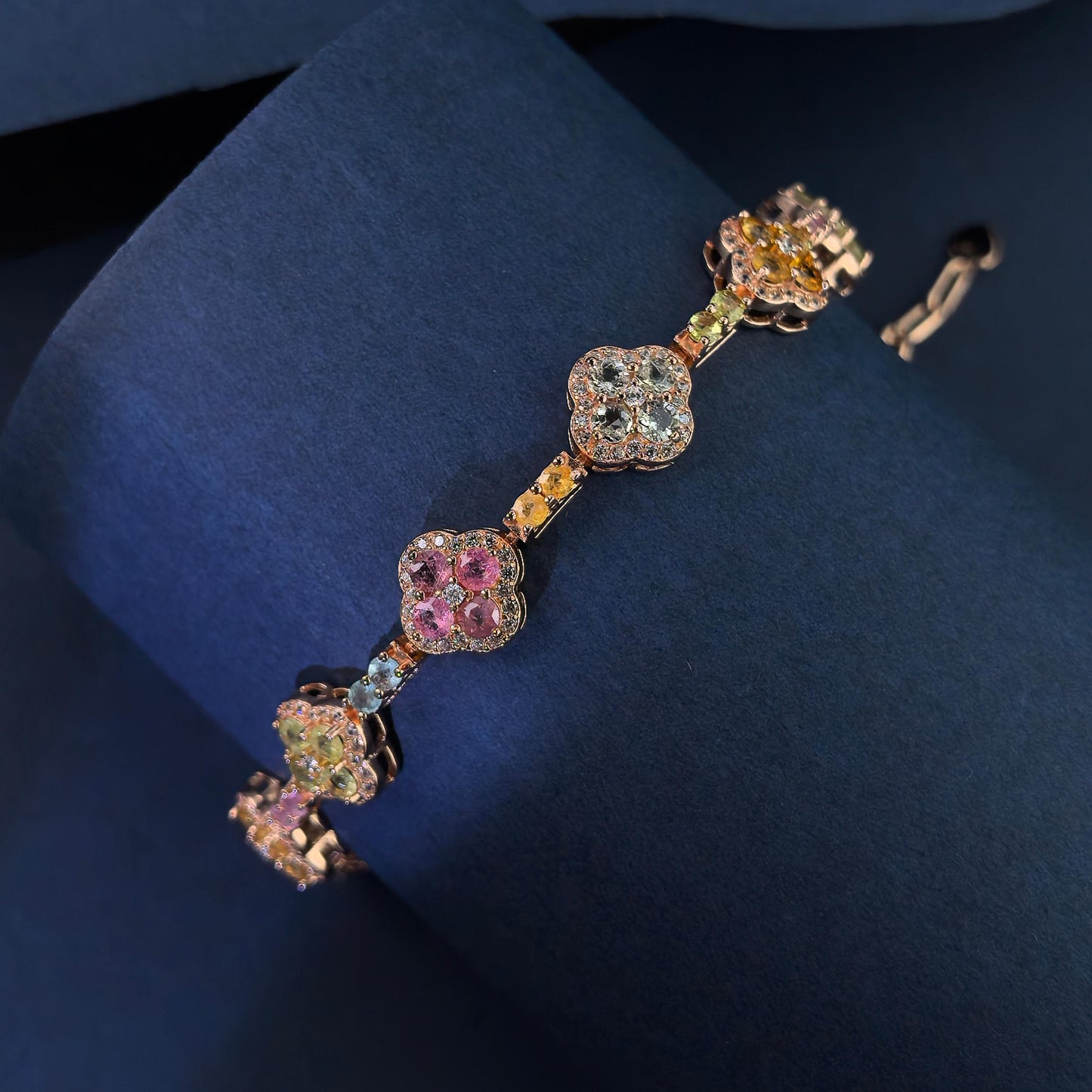 Romantic Rose Gold Plated 925 Fine Jewelry Natural Tourmaline Clover Bracelet
