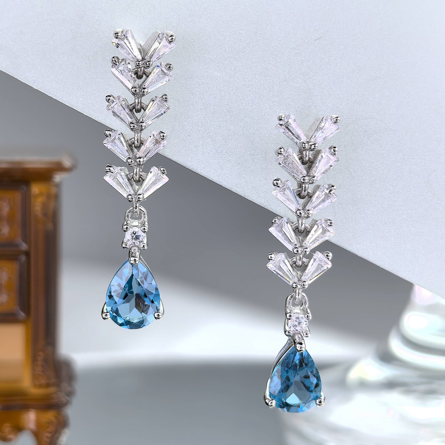 925 Silver Drop Earrings with Natural London Blue Topaz Unique Rhodium Plated