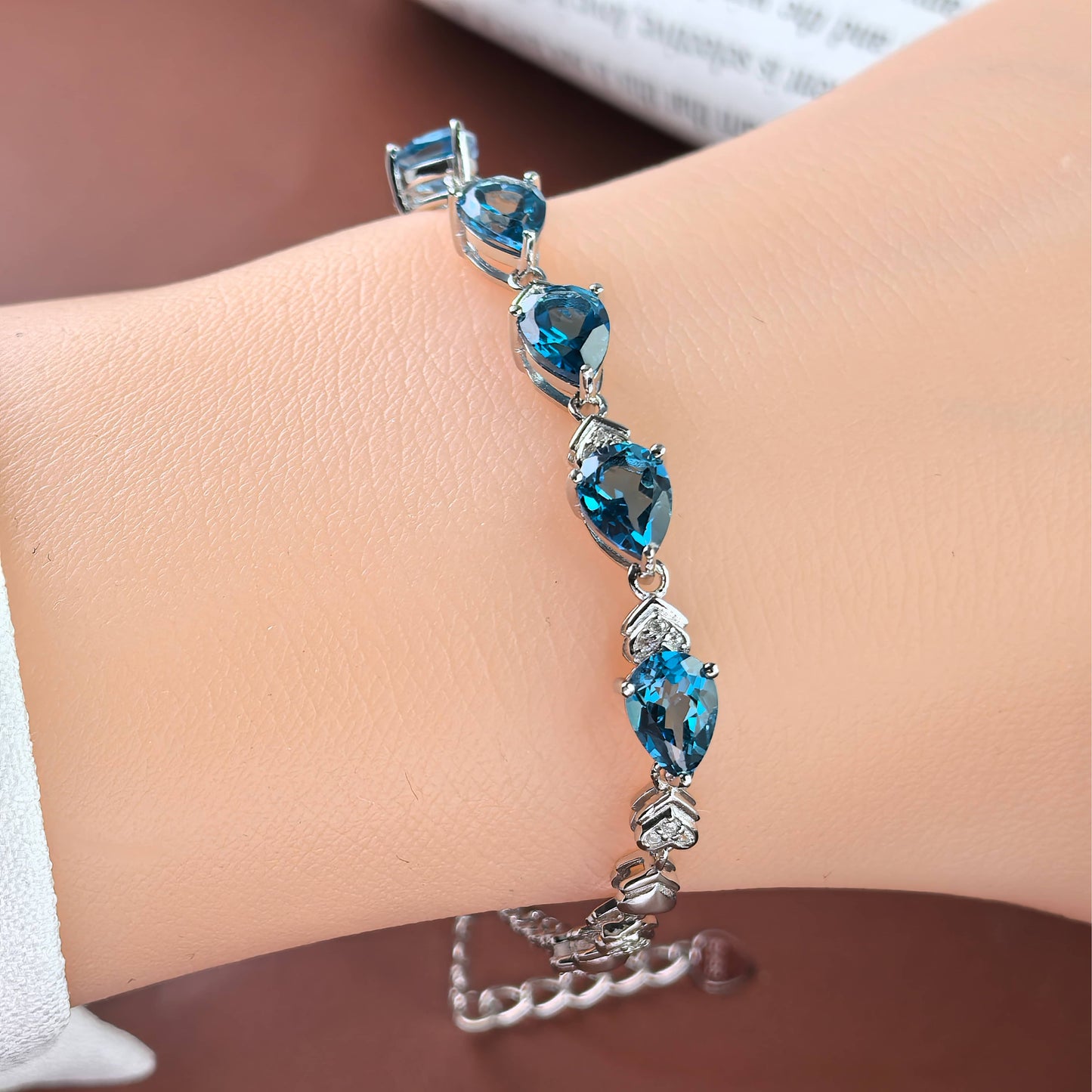 Elegant Rhodium Plated Silver 925 Jewelry Natural London Blue Topaz Bracelet