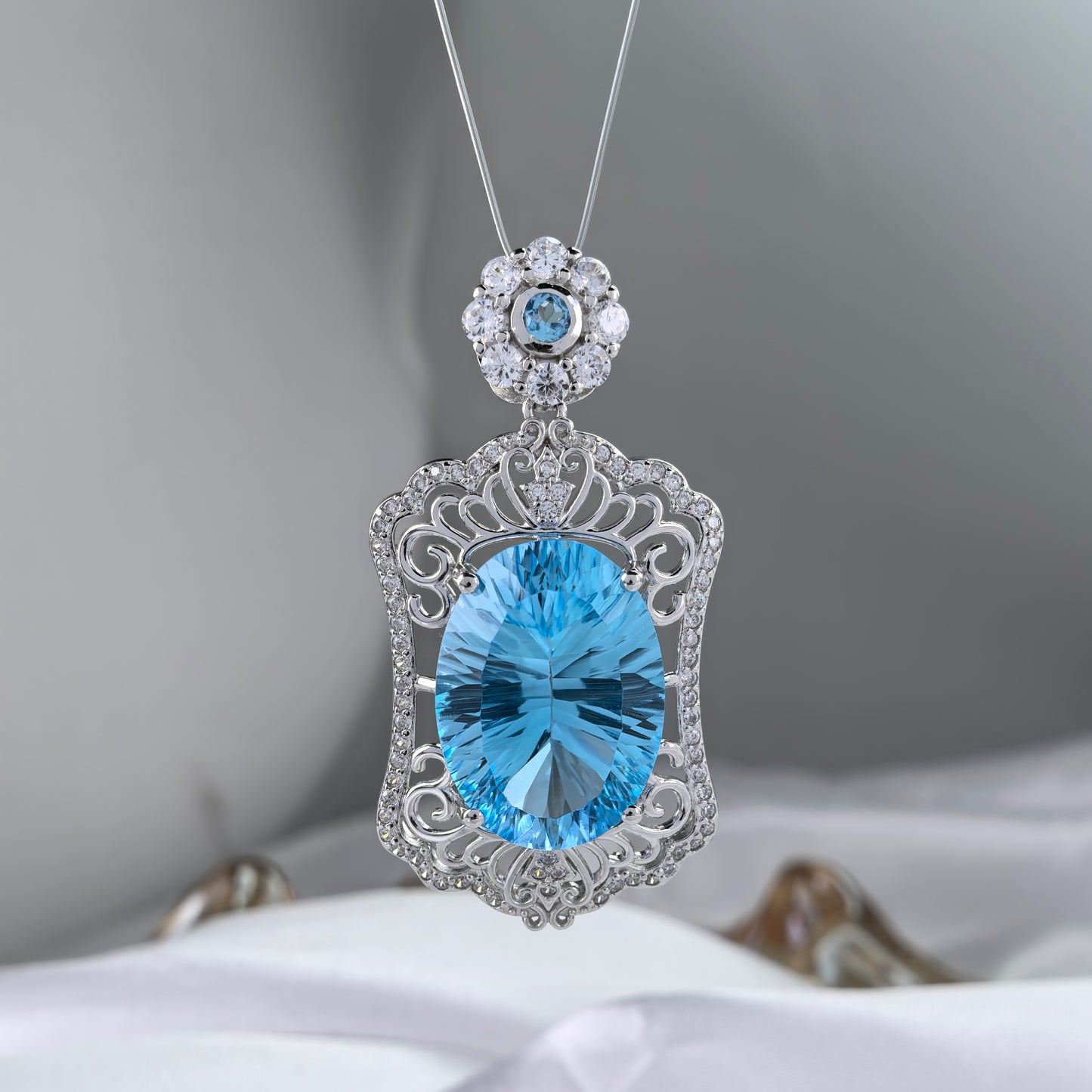 Vintage 925 Sterling Silver for Swiss Blue Topaz Pendant Rhodium Plated