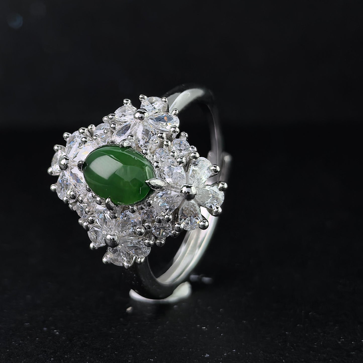 Elegant Rhodium Plated Silver 925 Jewelry Natural Jadeite Flower Ring