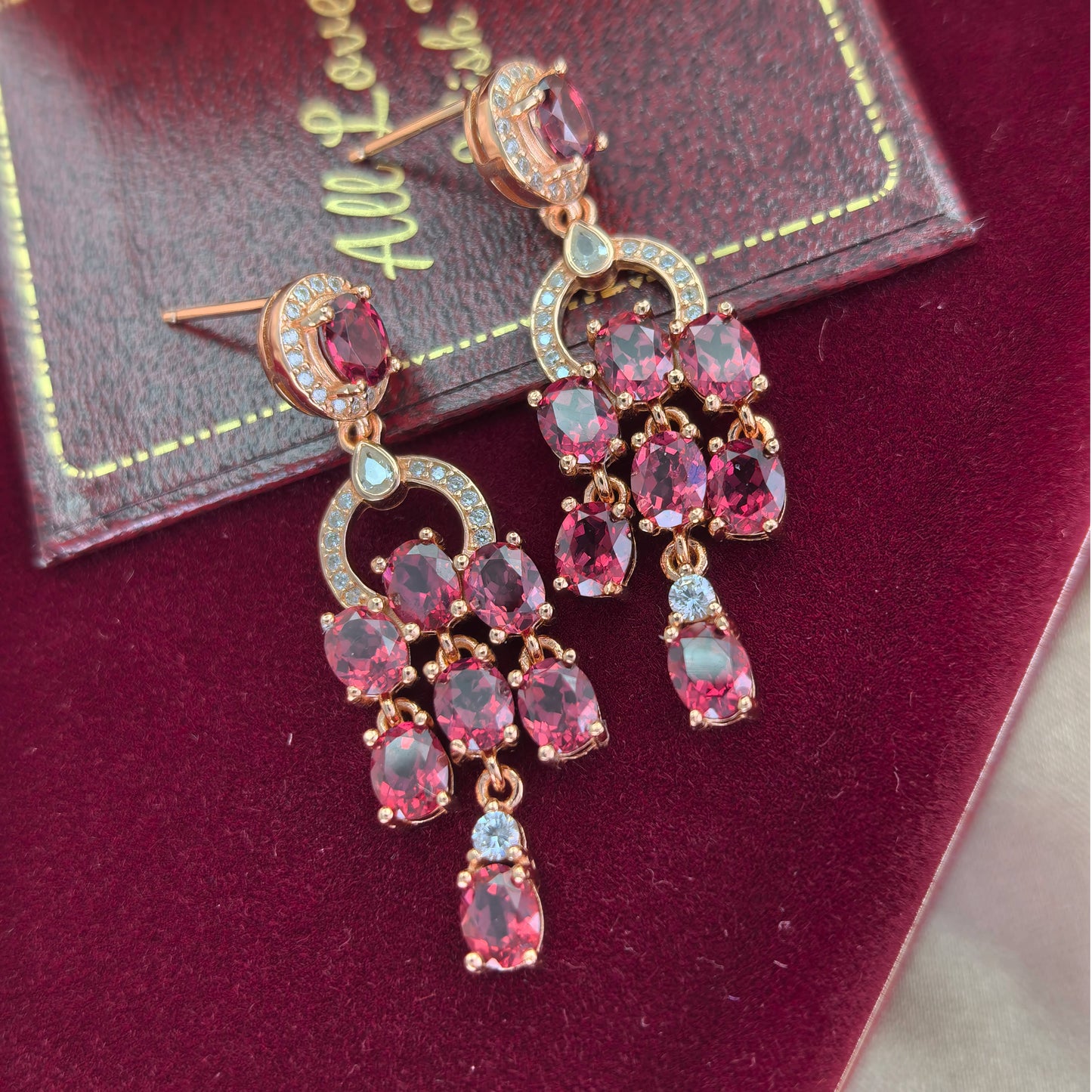 925 Silver 925 Pyrope Drop Earrings for Women Charming Rose Gold Plated Geometric Pattern for Wedding Party Anniversary Gift