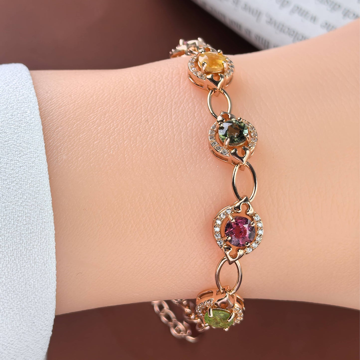 Elegant Rose Gold Plated 925 Sterling Silver Natural Tourmaline Bracelet
