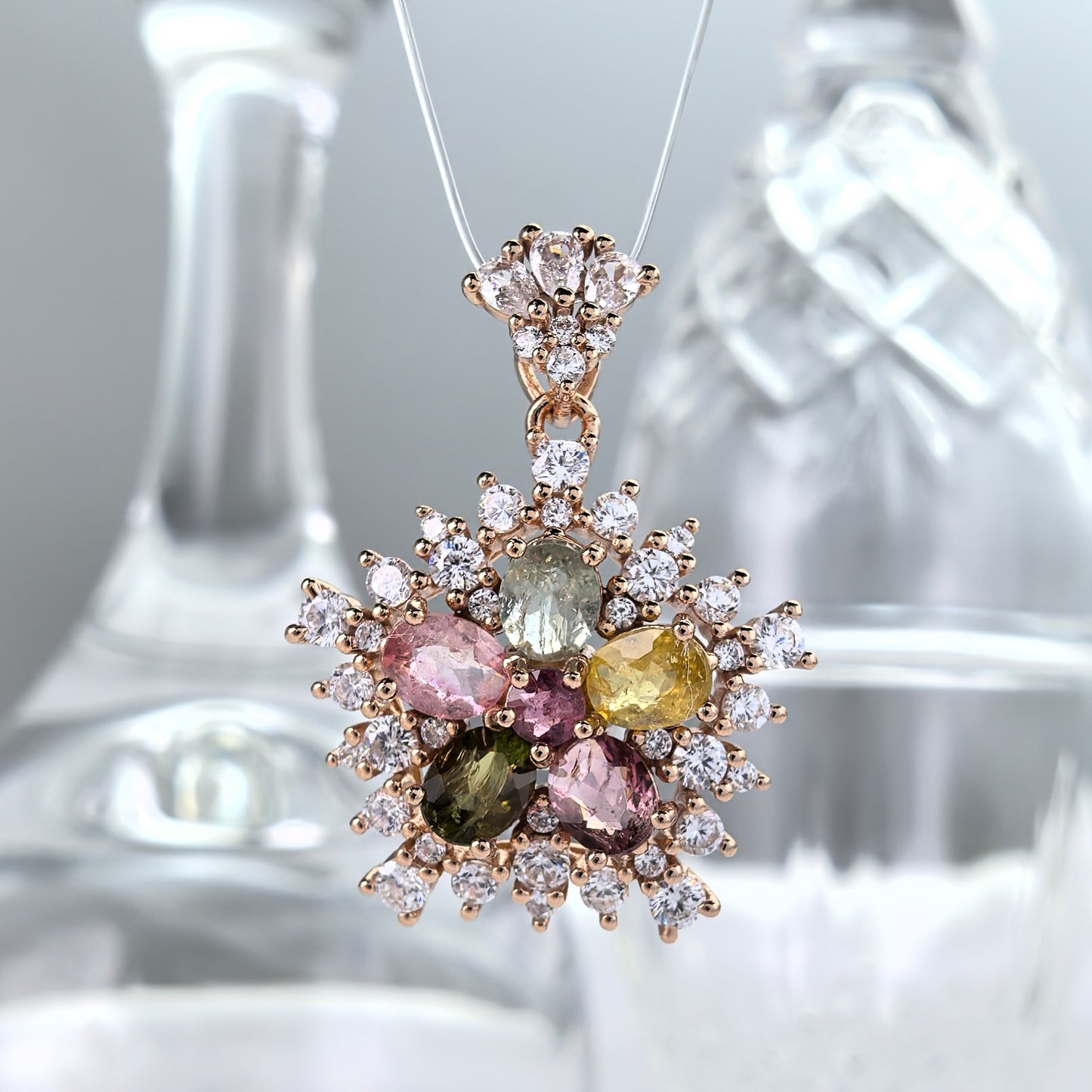 Dazzling Rose Gold Plated 925 Sterling Silver Natural Tourmaline Flower Pendant