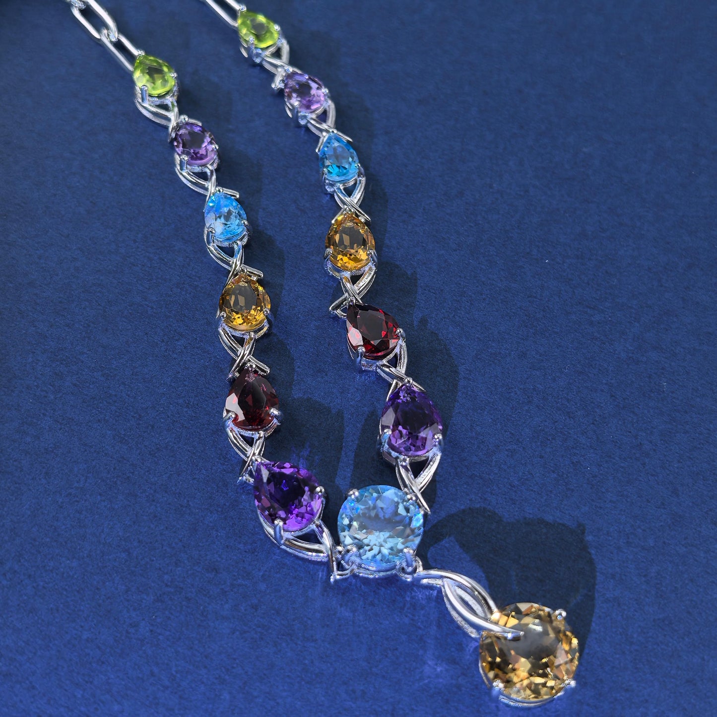 Luxurious Rhodium Plated Silver 925 Jewelry Multiple Natural Gemstone Necklace