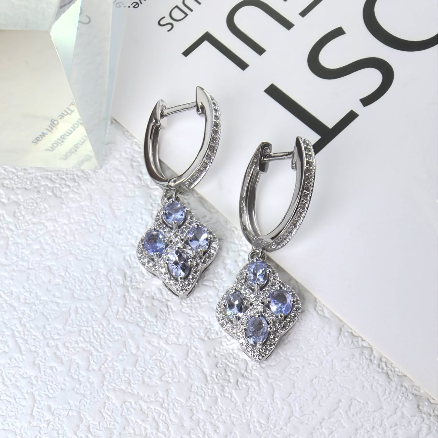Elegant 925 Silver Rhodium Plated Four Leaf Clover Natural Tanzanite Drop Earrings
