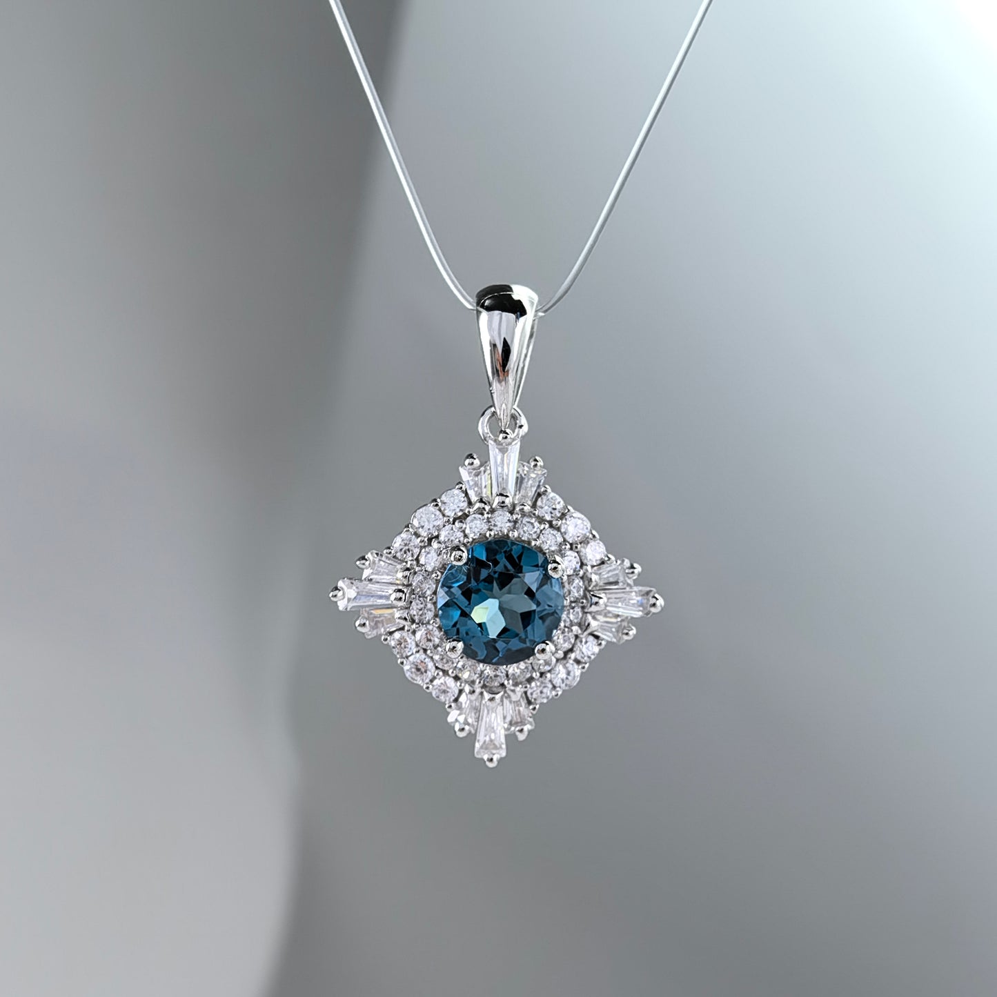 Gorgeous Rhodium Plated 925 Sterling Silver Natural London Blue Topaz Pendant