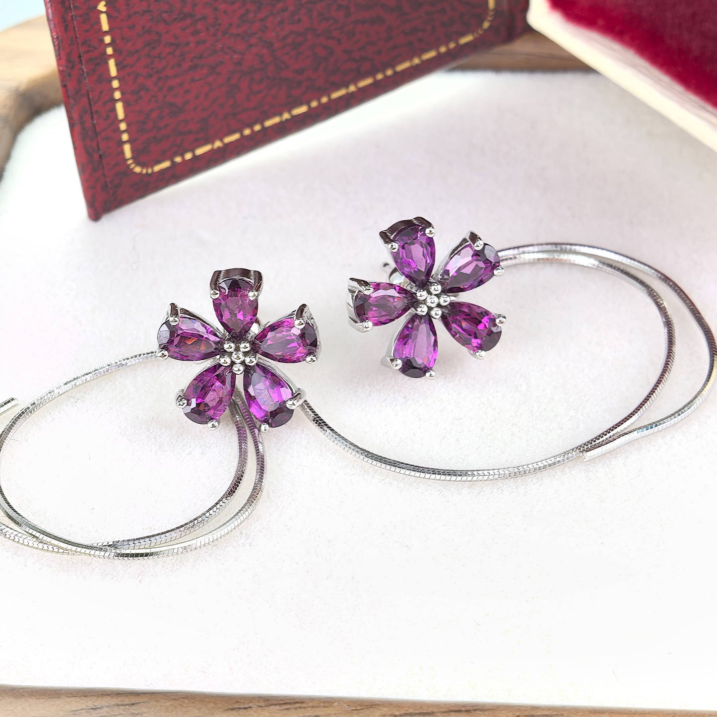 Charming Rhodium Plated S925 Silver Pyrope Flower Stud Earrings