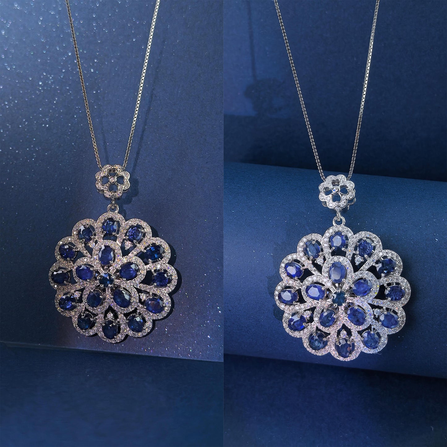 Elegant Rhodium/Rose Gold Plated 925 Silver Natural Pyrope/Sapphire Flower Pendant