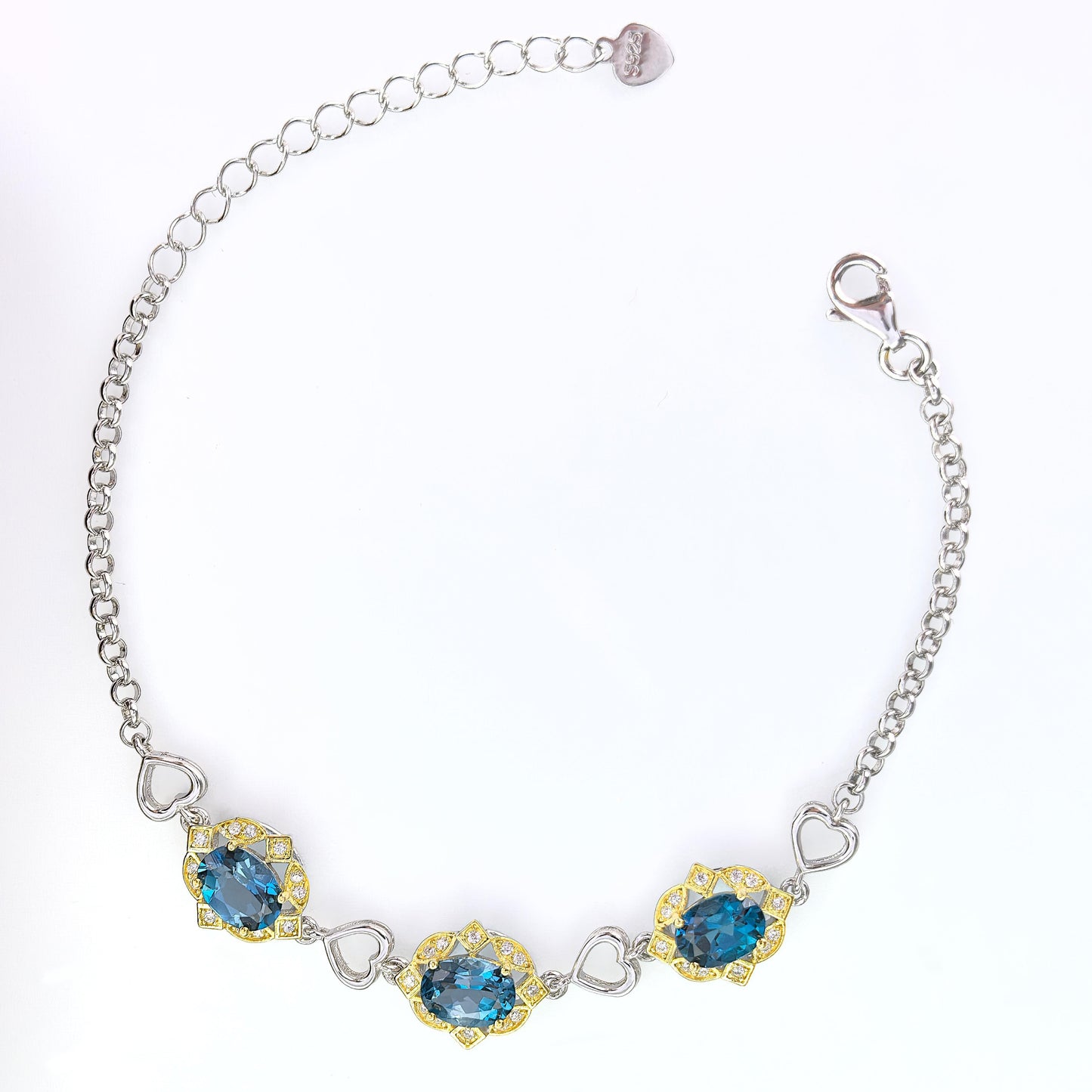 Dual Color Plated Heart Shaped 925 Silver Natural London Blue Topaz Bracelet