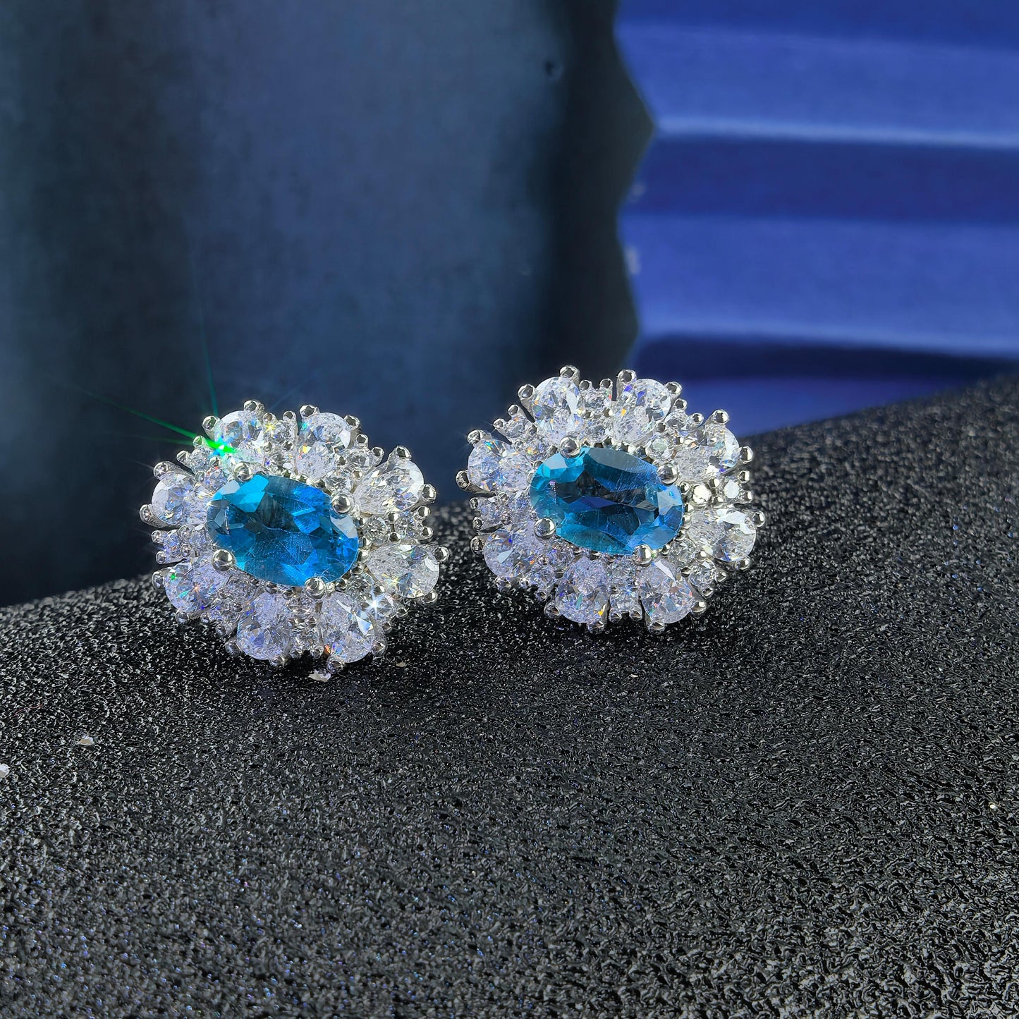 Sparkling Rhodium Plated 925 Silver Jewelry Natural London Blue Topaz Stud Earrings