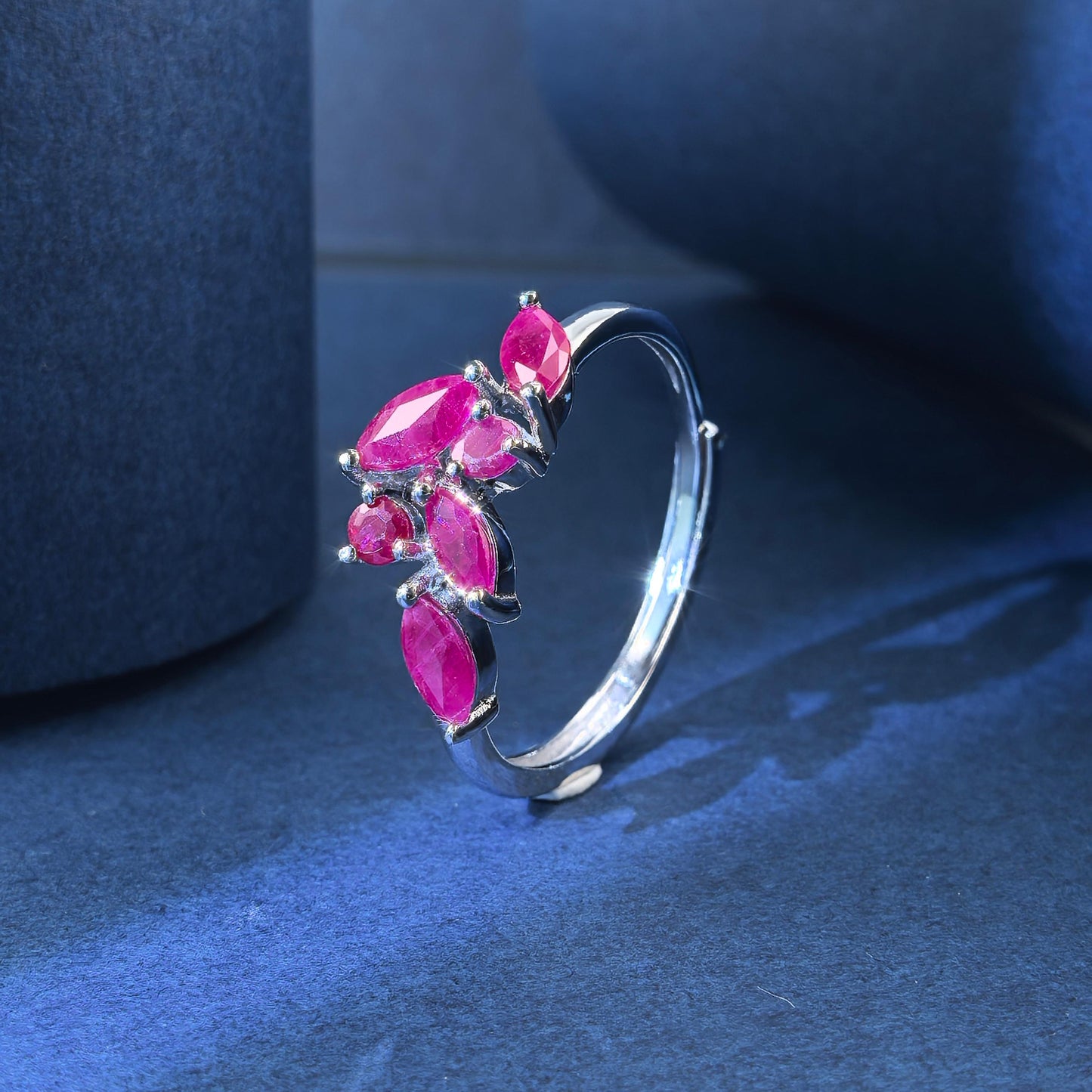 Graceful Rhodium Plated Silver 925 Jewelry Natural Ruby Leaf Ring
