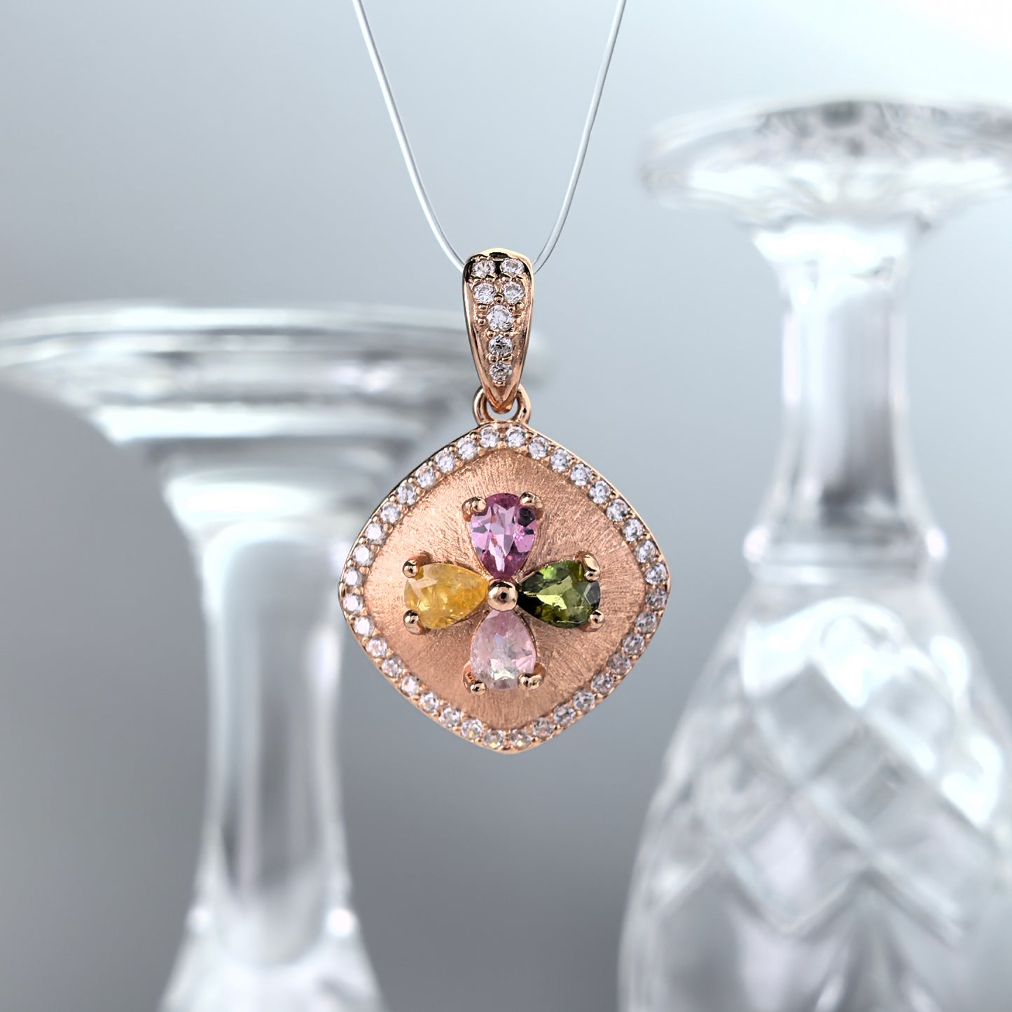 Trendy Rose Gold Plated 925 Sterling Silver Natural Tourmaline Four Leaf Clover Pendant