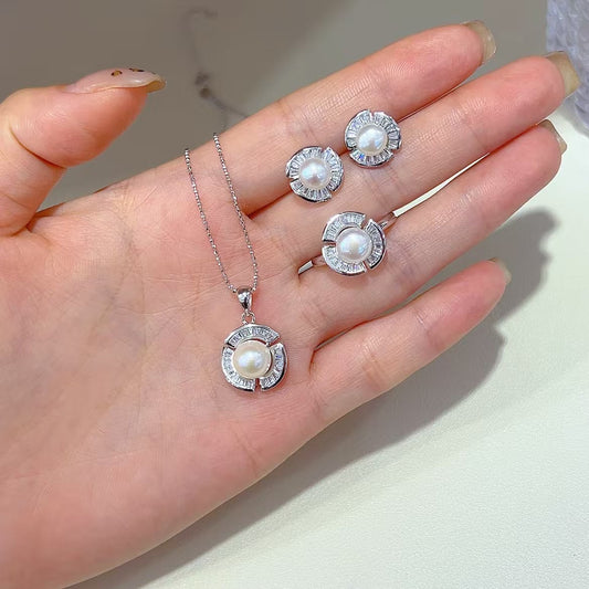 Delicate Rhodium Plated 925 Sterling Silver Freshwater Pearl Jewelry Set