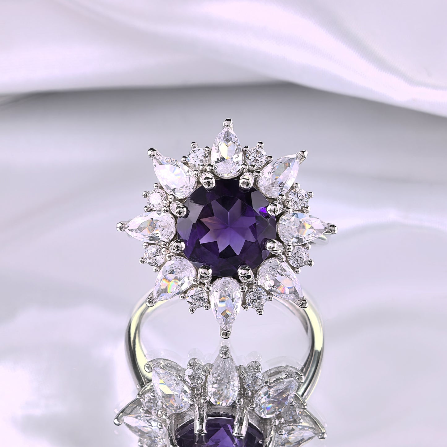 Exquisite Rhodium Plated 925 Silver Jewelry Natural Amethyst Flower Ring