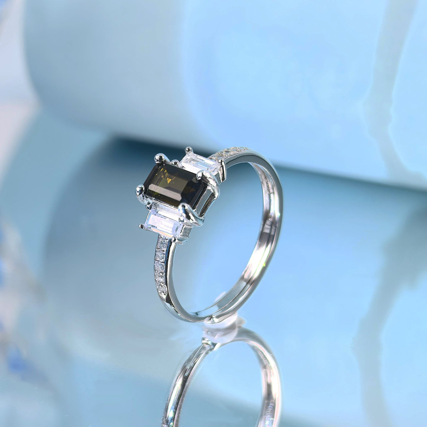 Silver 925 Jewelry Natural Tourmaline Gorgeous Rhodium Plated Emerald Cut Ring