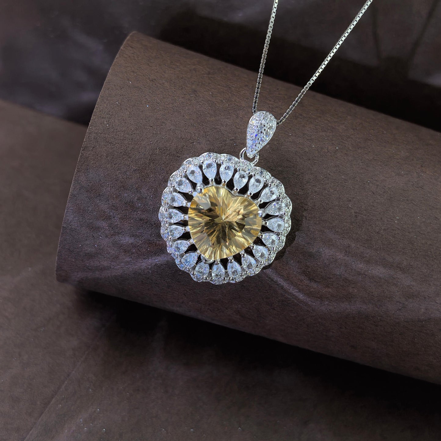 Charming Rhodium Plated 925 Silver Jewelry Natural Citrine Heart Pendant