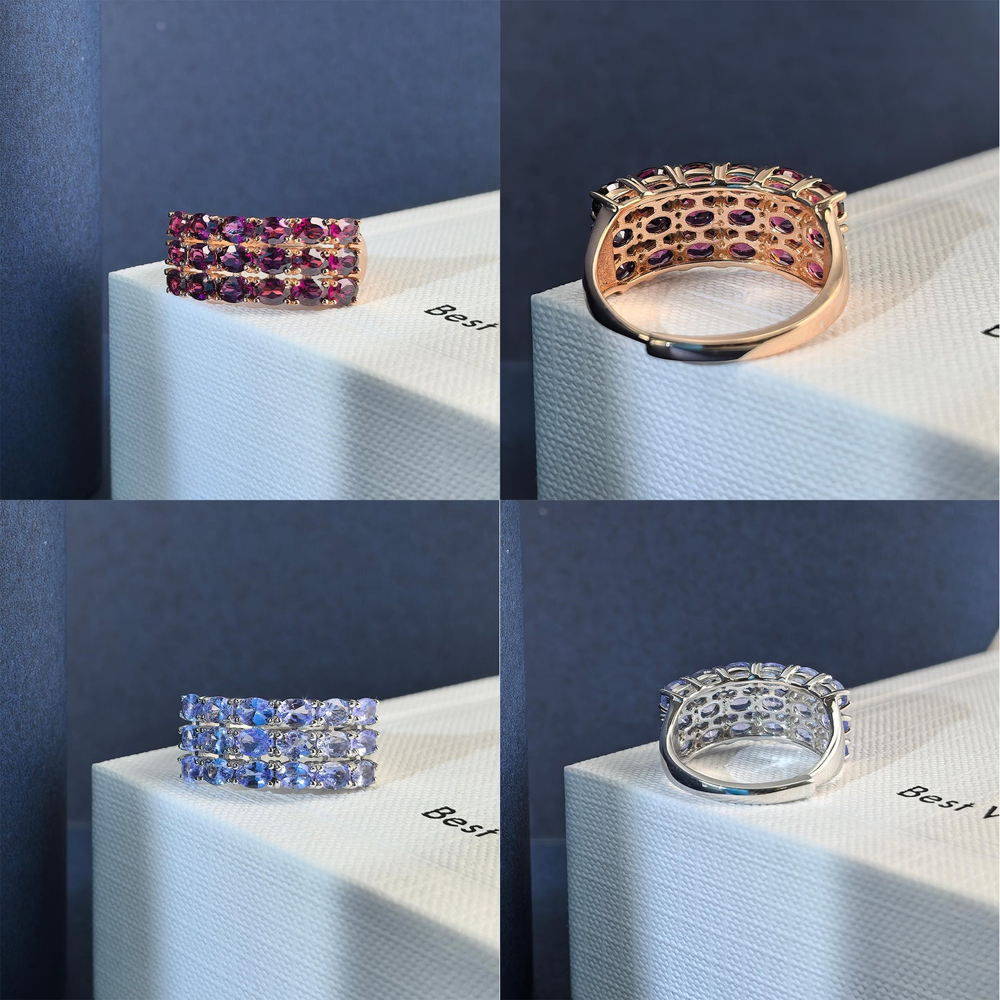 Sparkling Rhodium/Rose Gold Plated Silver 925 Jewelry Natural Tanzanite/Diopside/Pyrope/Tourmaline Ring